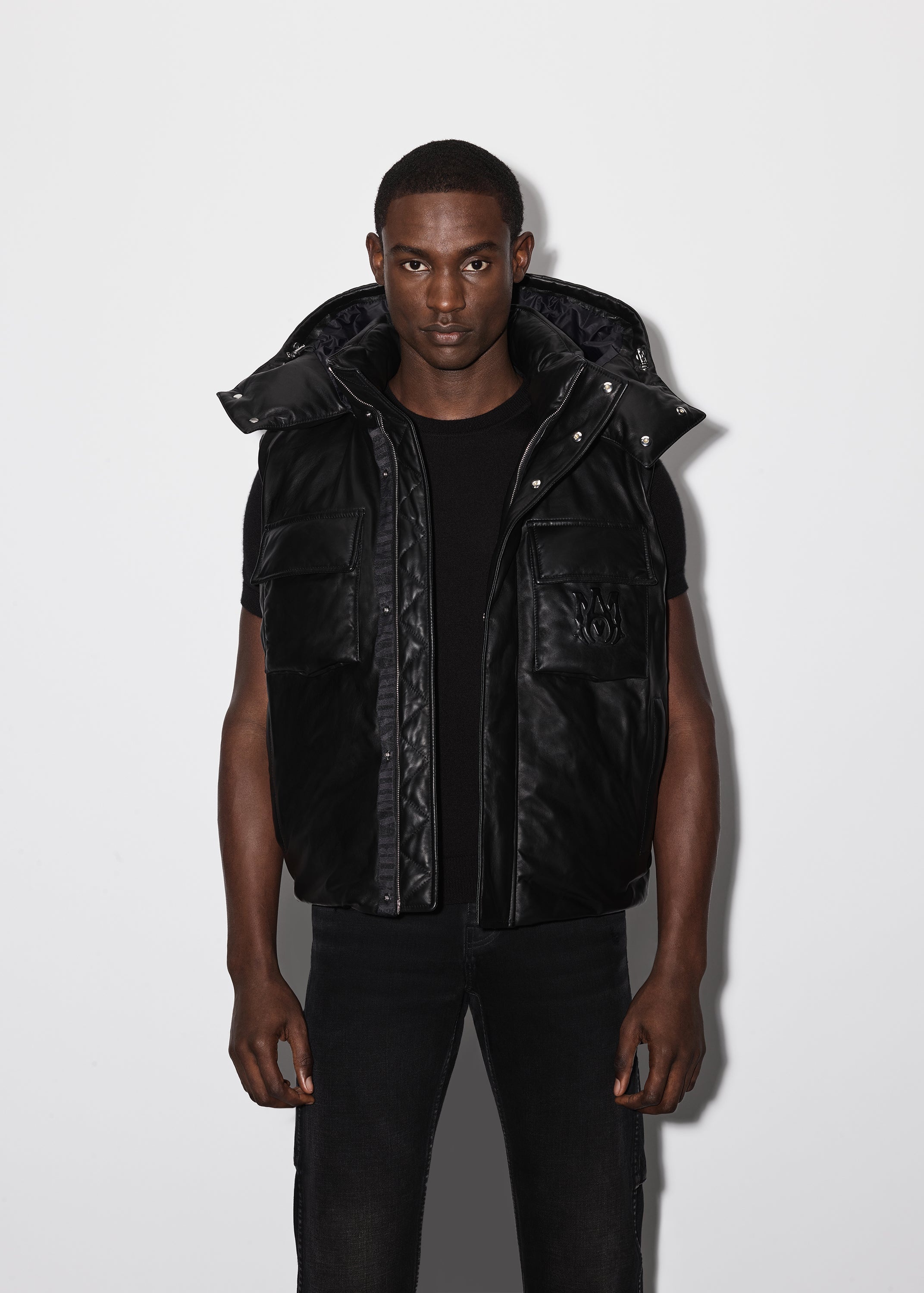HOODED LEATHER DOWN GILET - 3