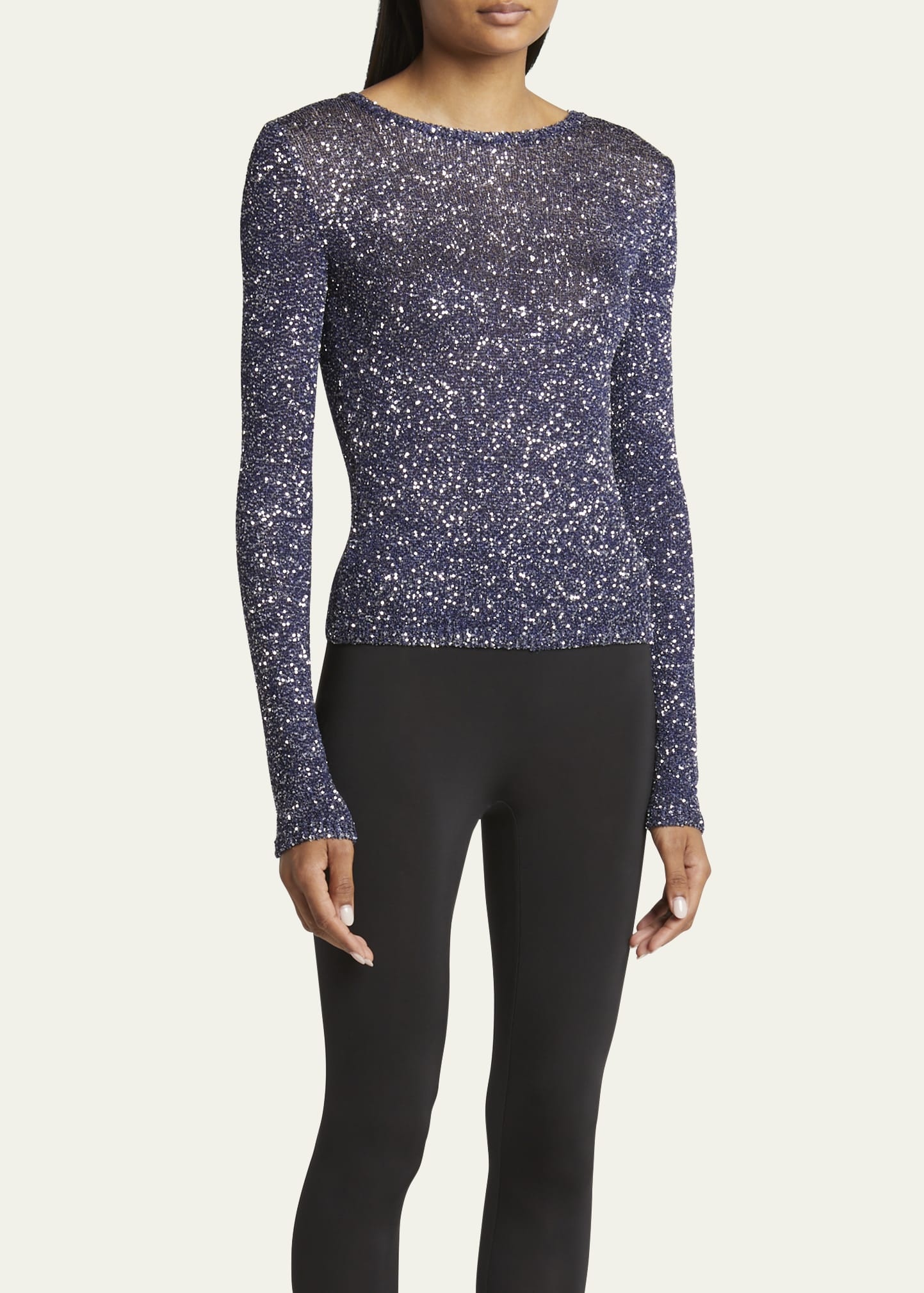 Sequined Long Sleeve Fitted Top - 4