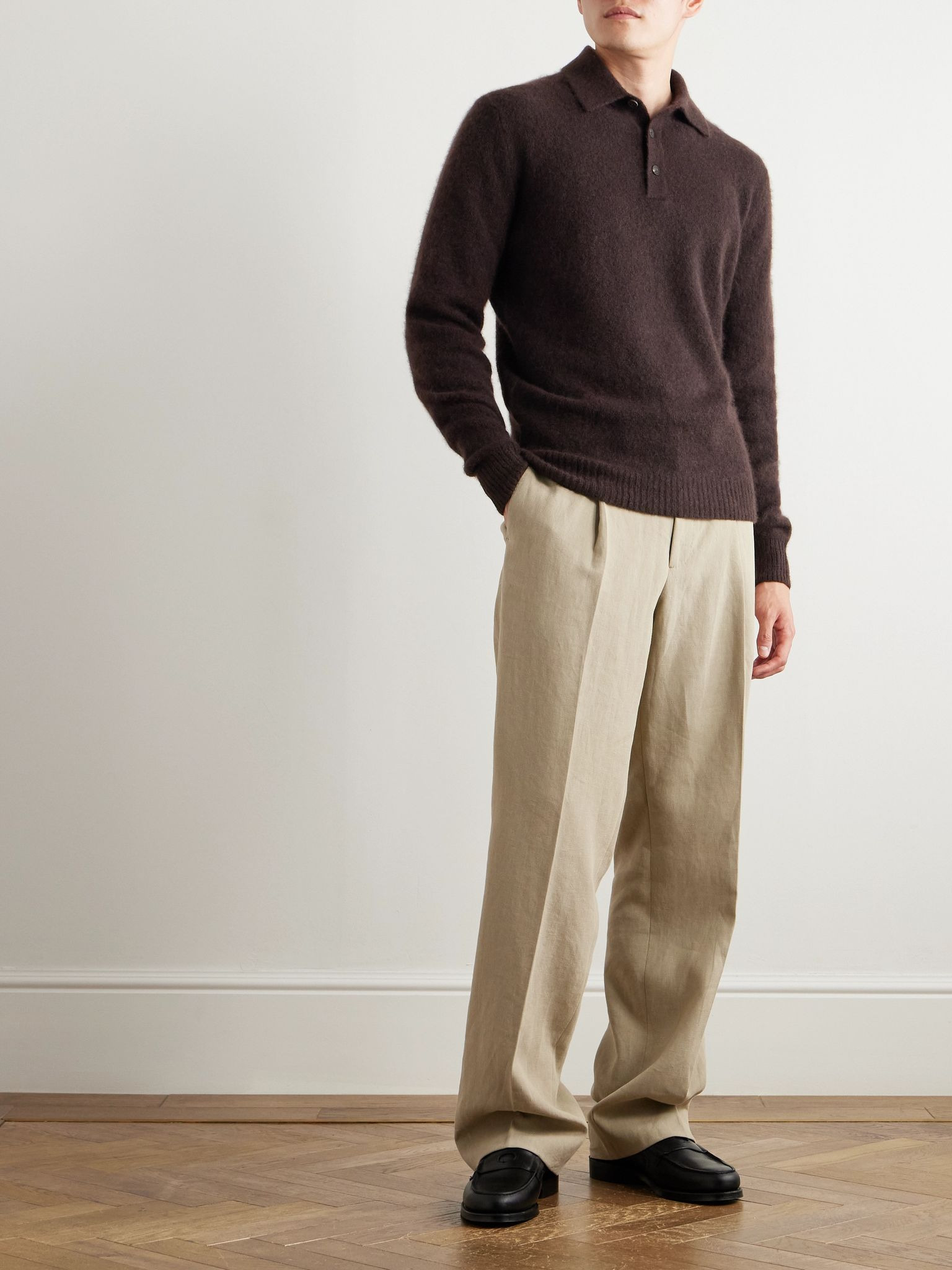 Brushed Cashmere-Blend Polo Shirt Brown - 2