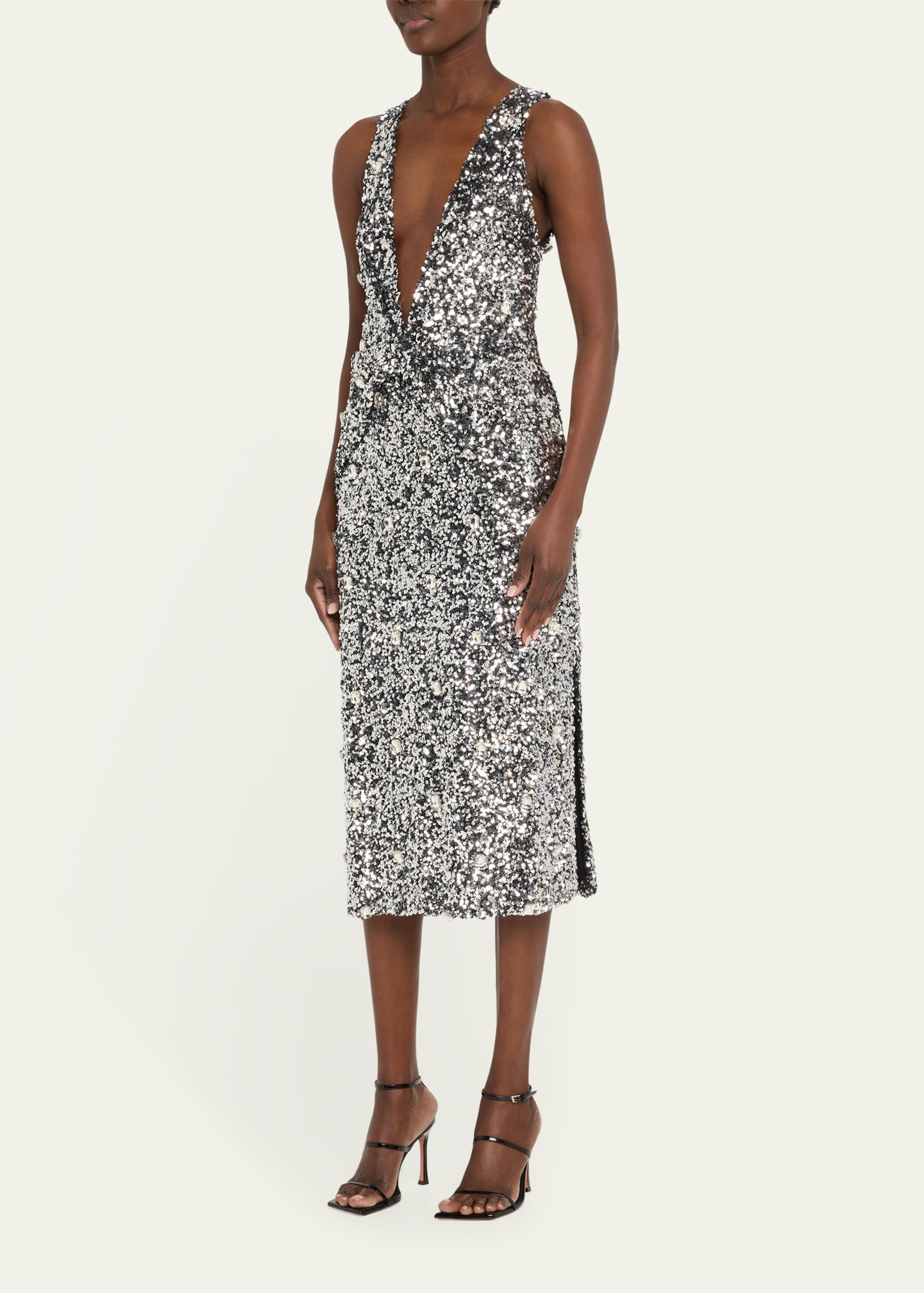 Santha Plunging Draped Sequin Midi Dress - 4