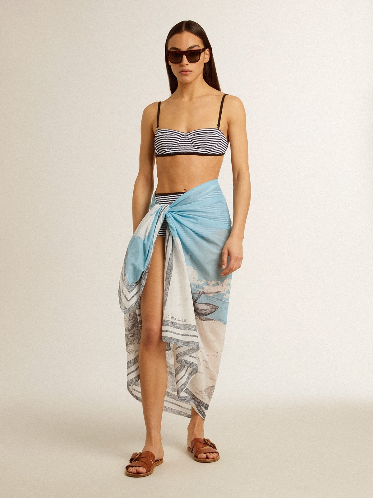 Sarong in cotton voile with all-over cream and light blue print - 3