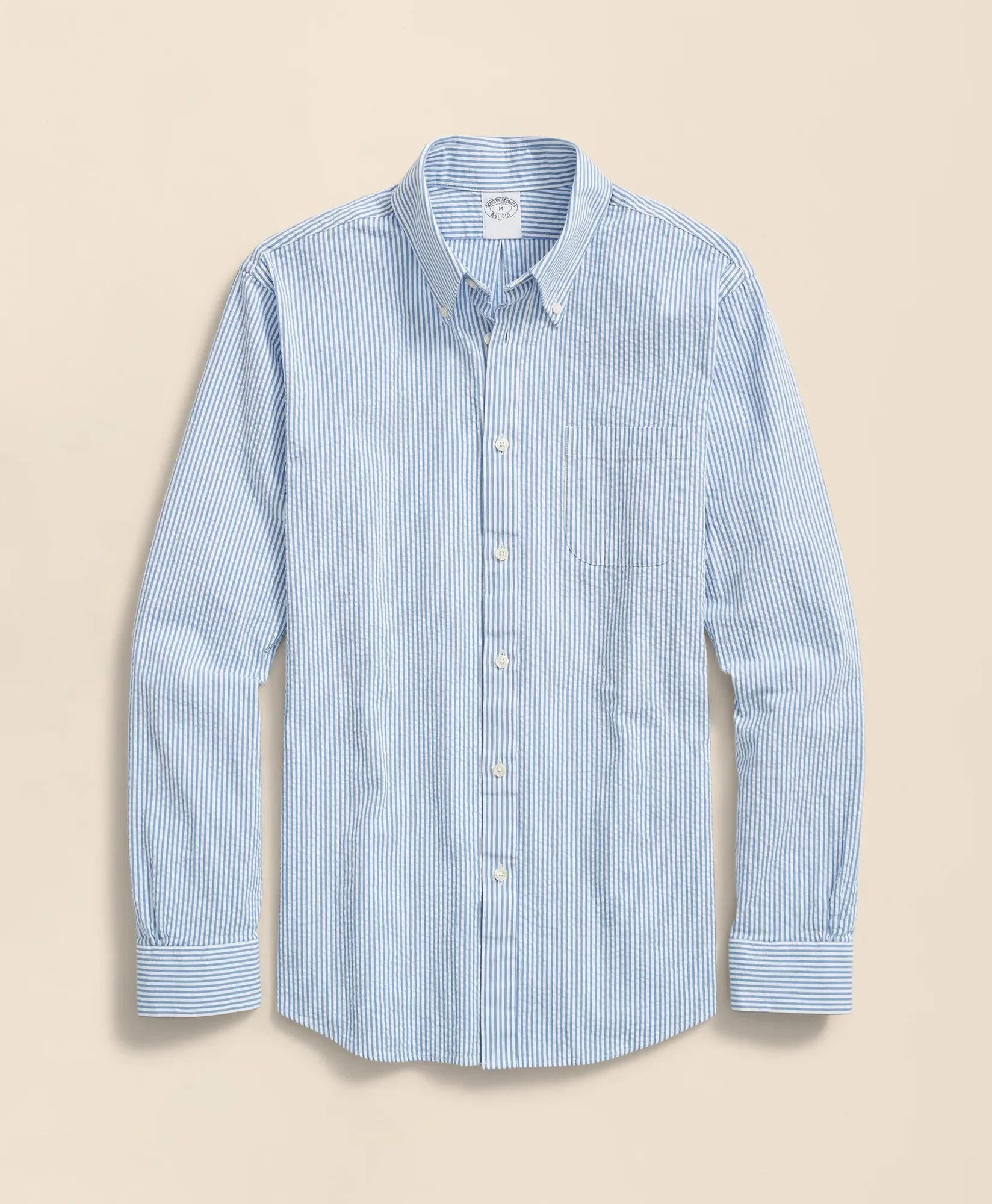 Washed Cotton Seersucker Button-Down Collar, Stripe Sport Shirt - 1