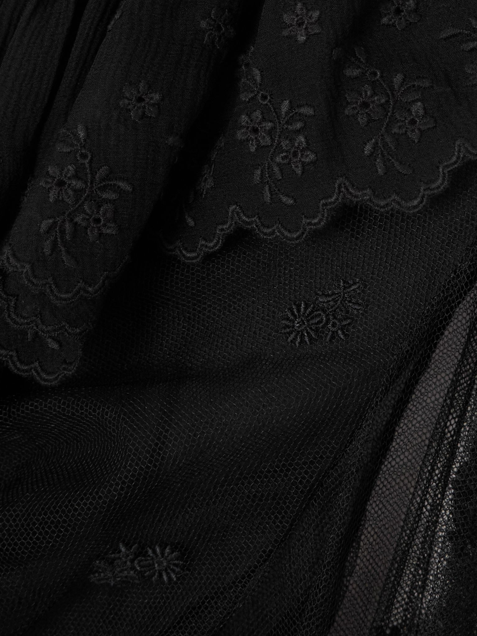 Cropped ruffled embroidered mesh blouse Black - 4