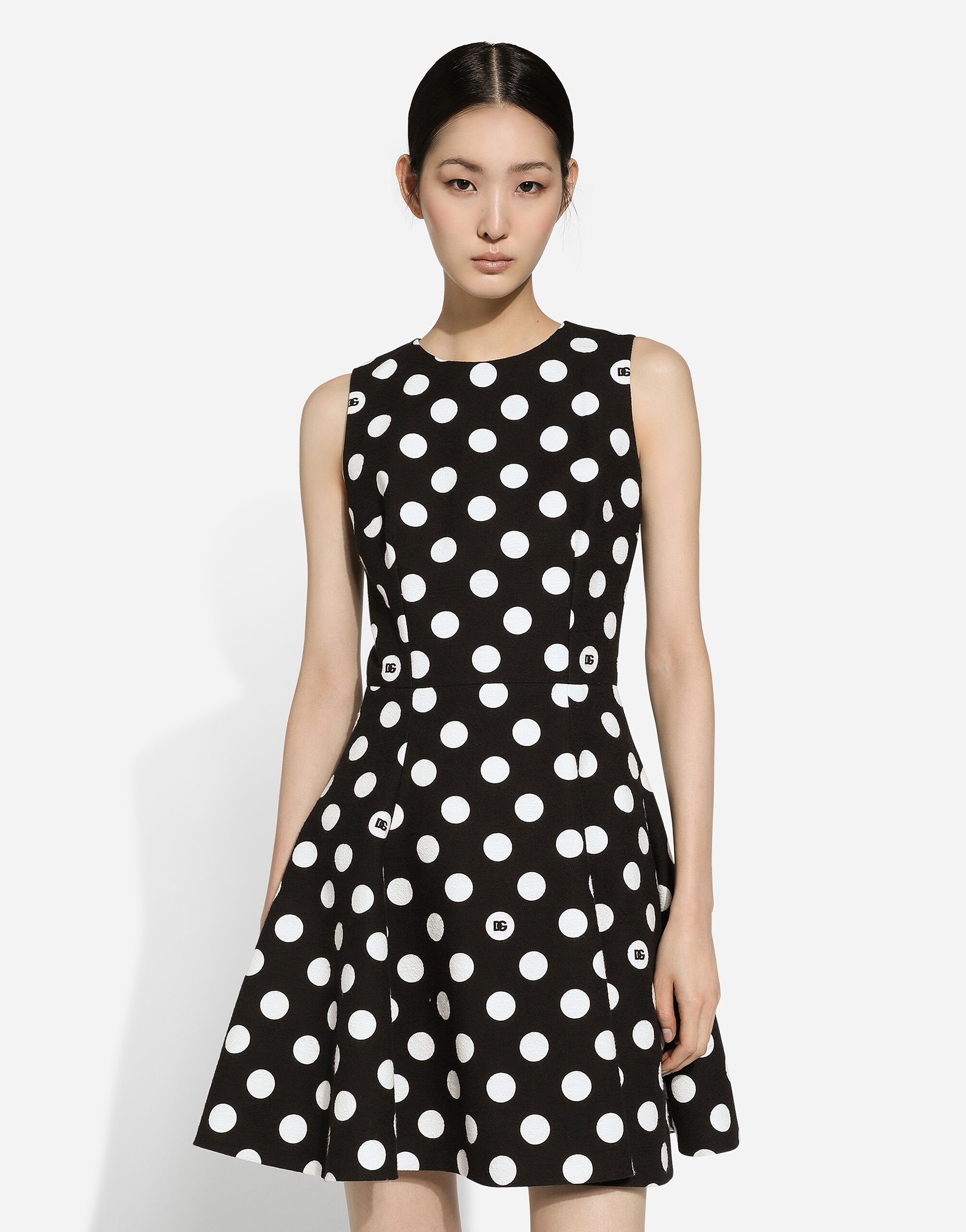 Short cotton rush-stitch brocade dress with polka-dot print - 4