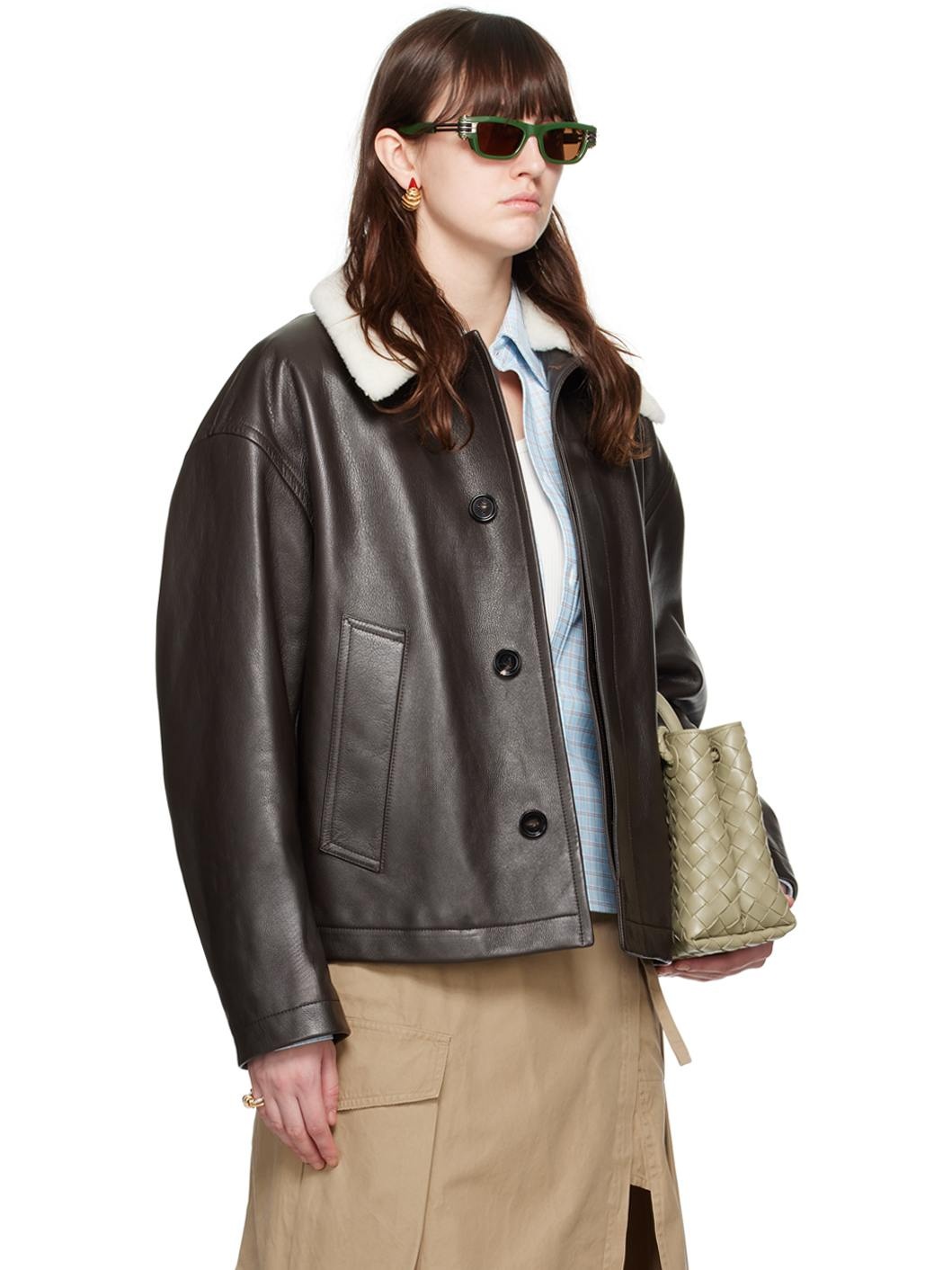 Brown Detachable Collar Leather Jacket - 2