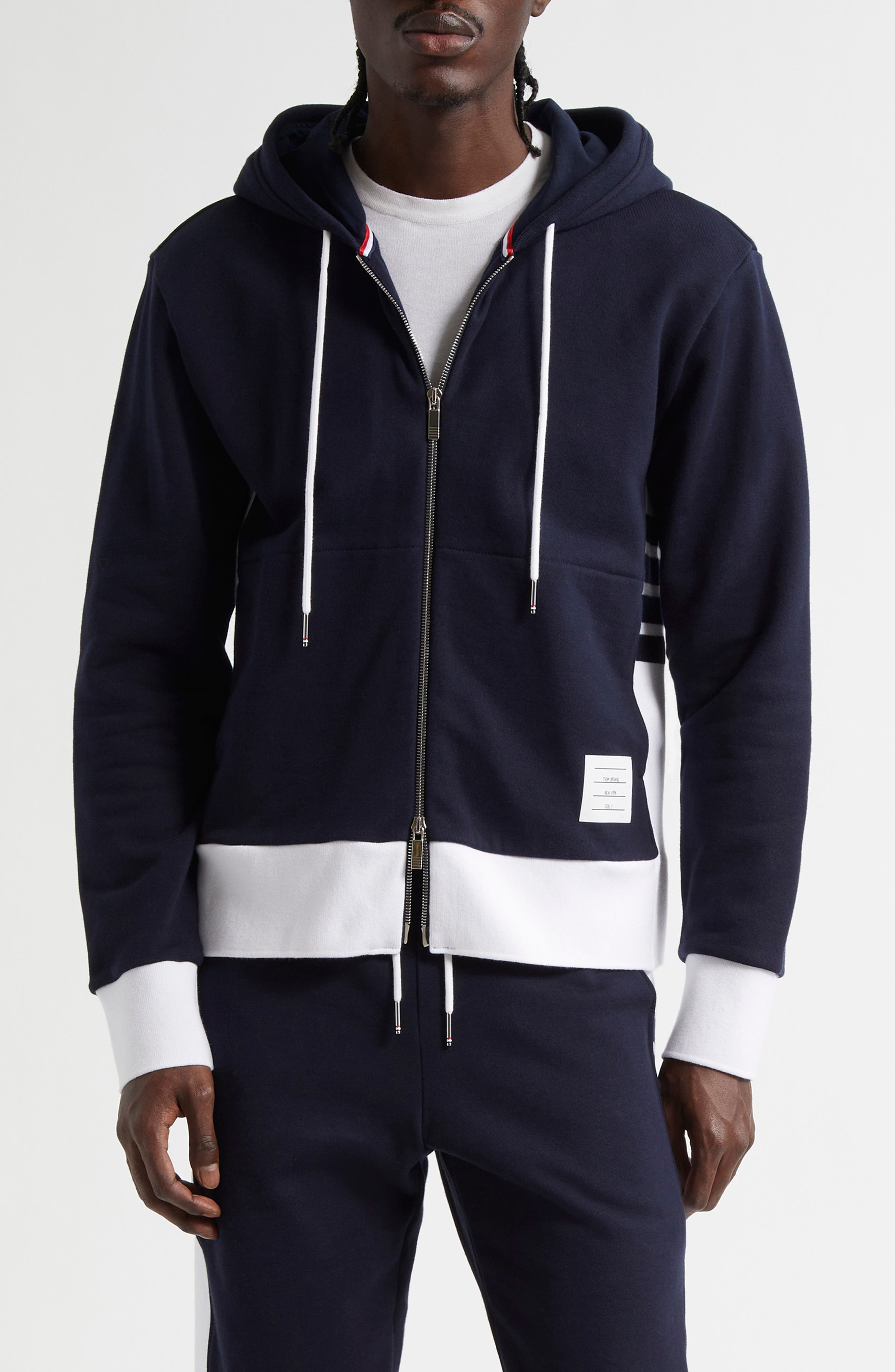 Thom Browne Engineered 4-Bar Cotton French Terry Zip-Up Hoodie in Navy at Nordstrom - 1