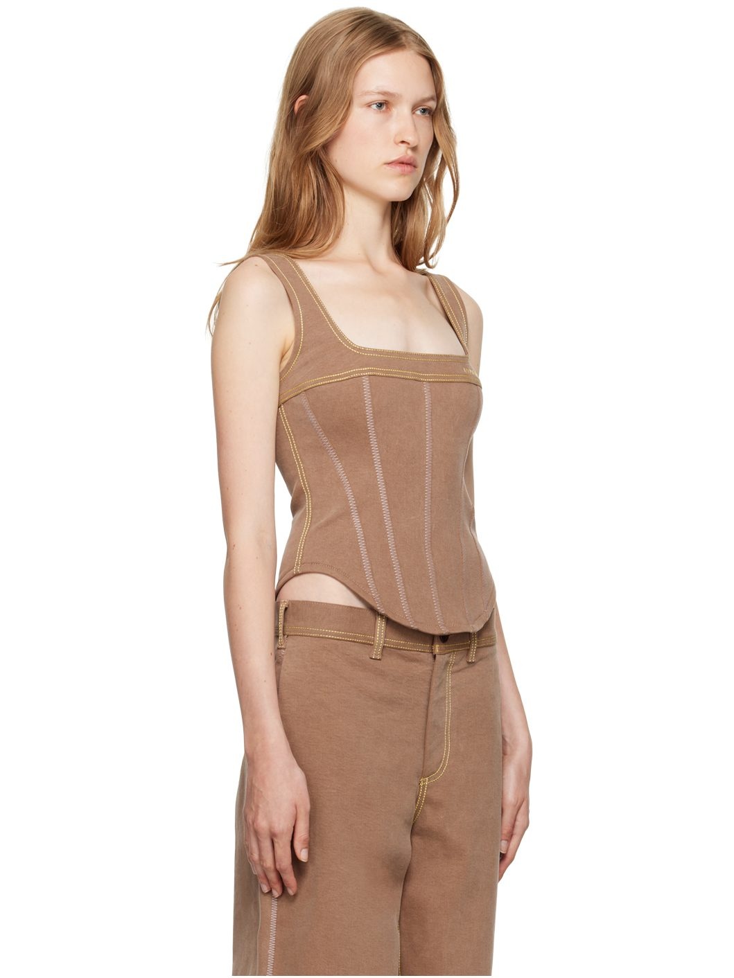 Brown Contrast Stitching Denim Tank Top - 2