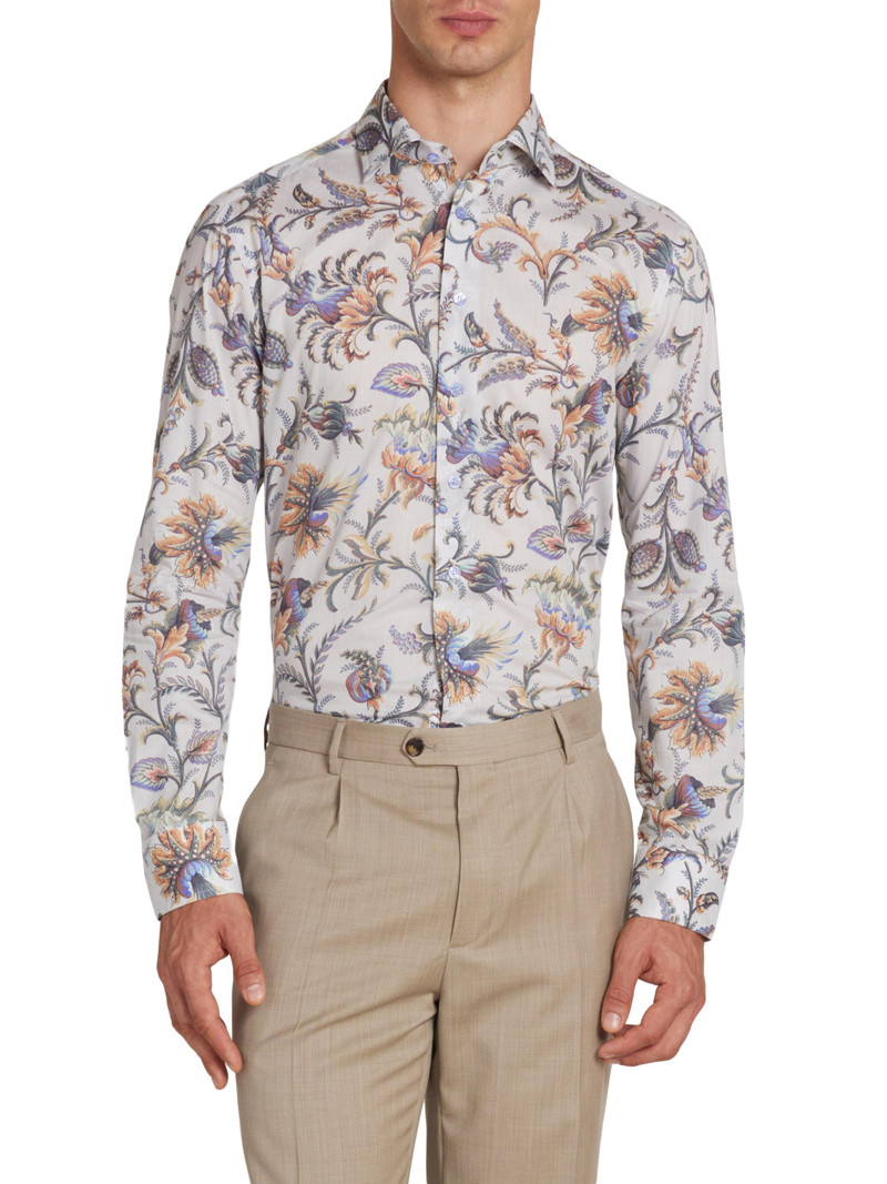 Men's Foliage-Print Cotton Button-Front Shirt - Printed Azure Base 3