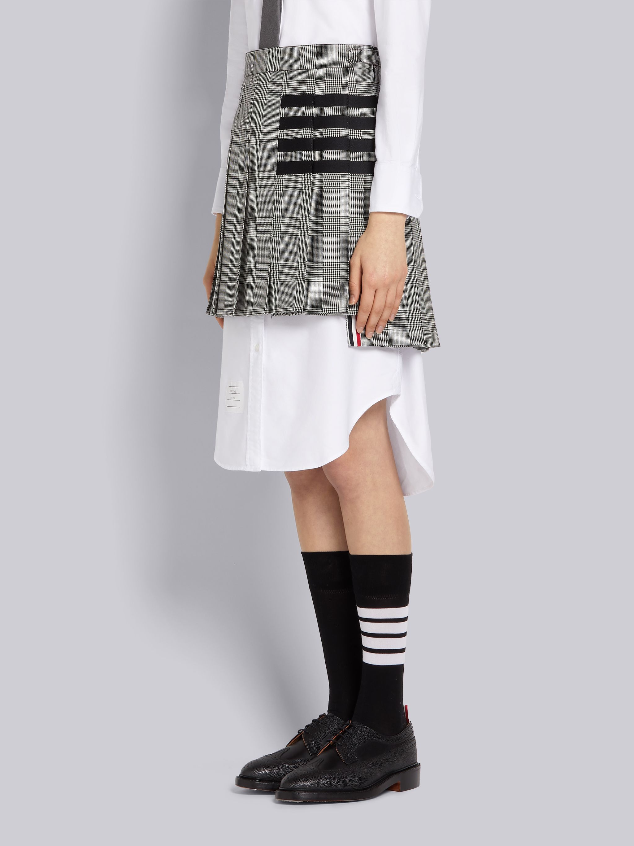 Black and White Heavy Wool Engineered 4-bar Dropped Back Pleated Mini Skirt - 2