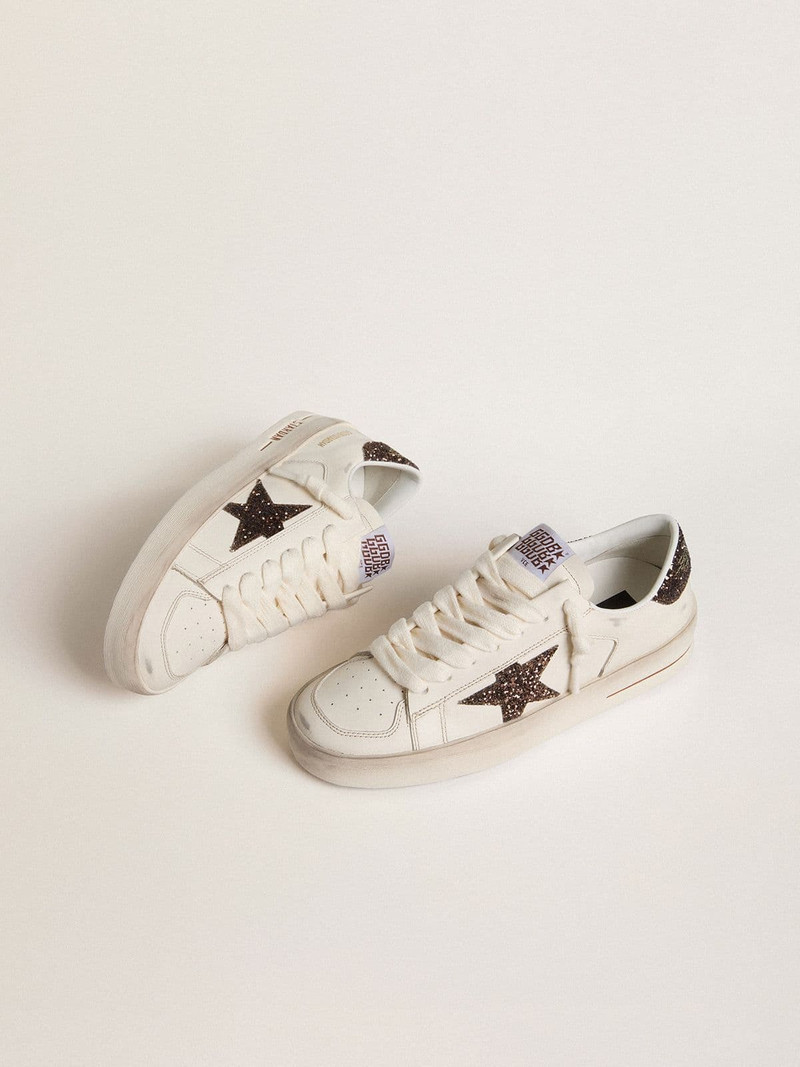 Golden Goose Women's Stardan in white leather with brown glitter star and heel tab outlook
