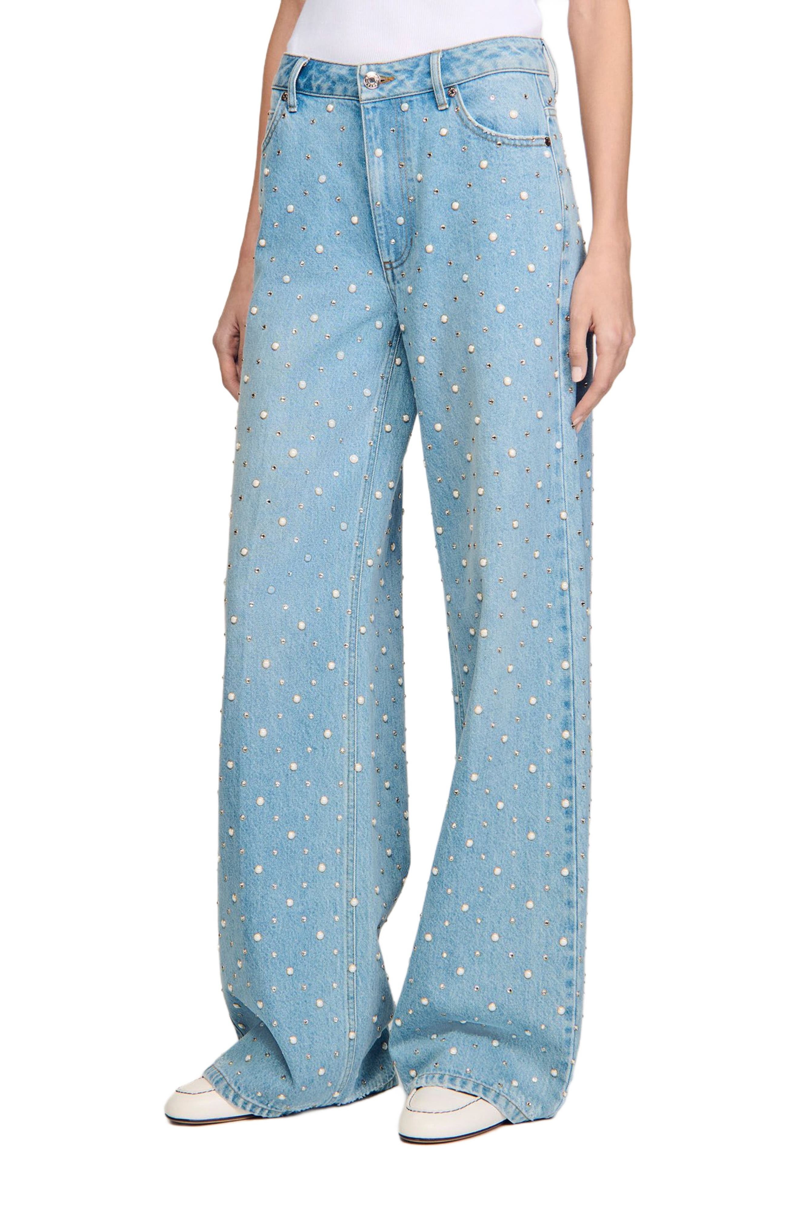 SANDRO Rhinestone and beaded jeans in Blue Jean at Nordstrom - 1