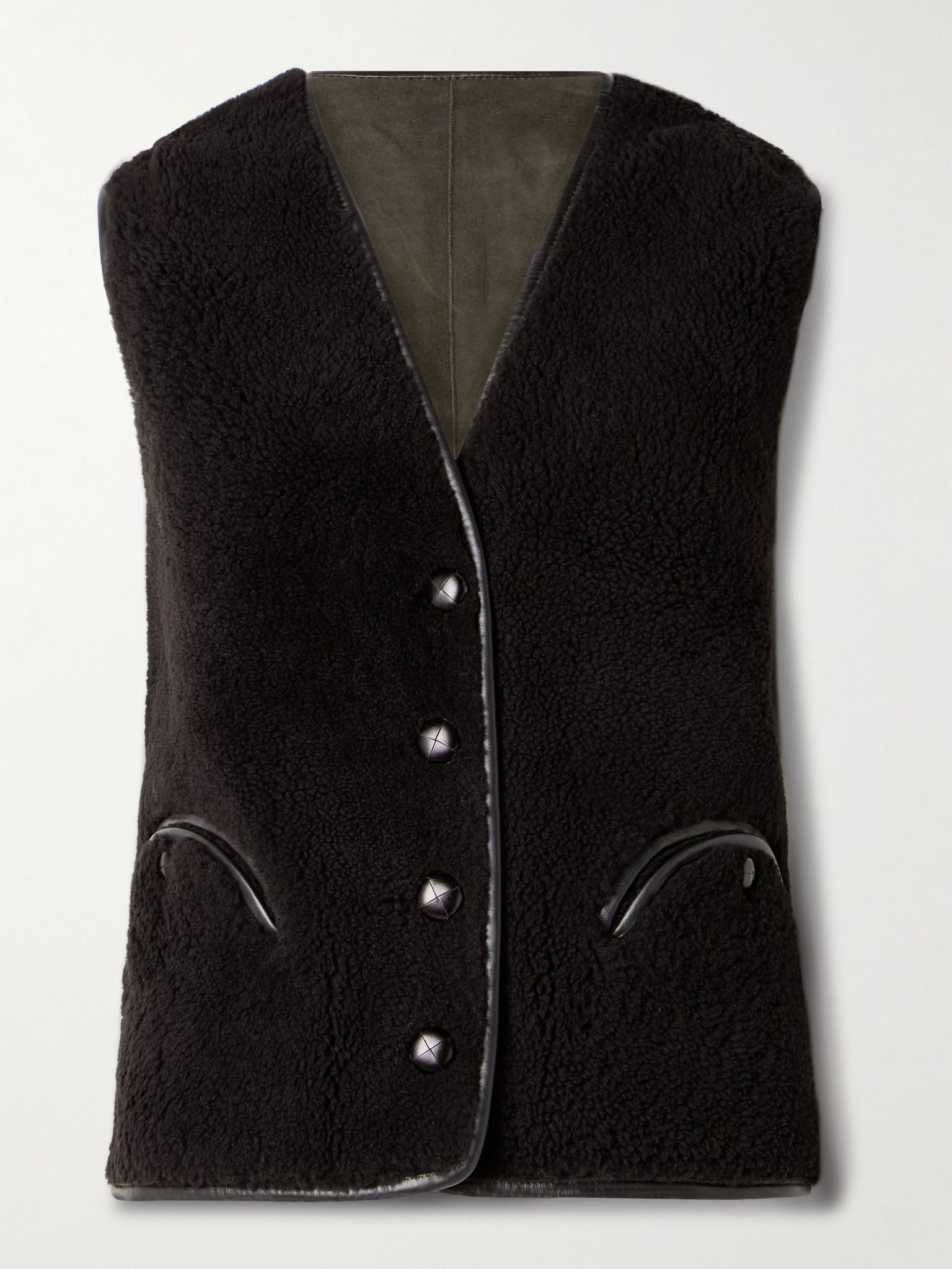 Tatoosh Gliss reversible leather-trimmed shearling vest Dark brown - 1