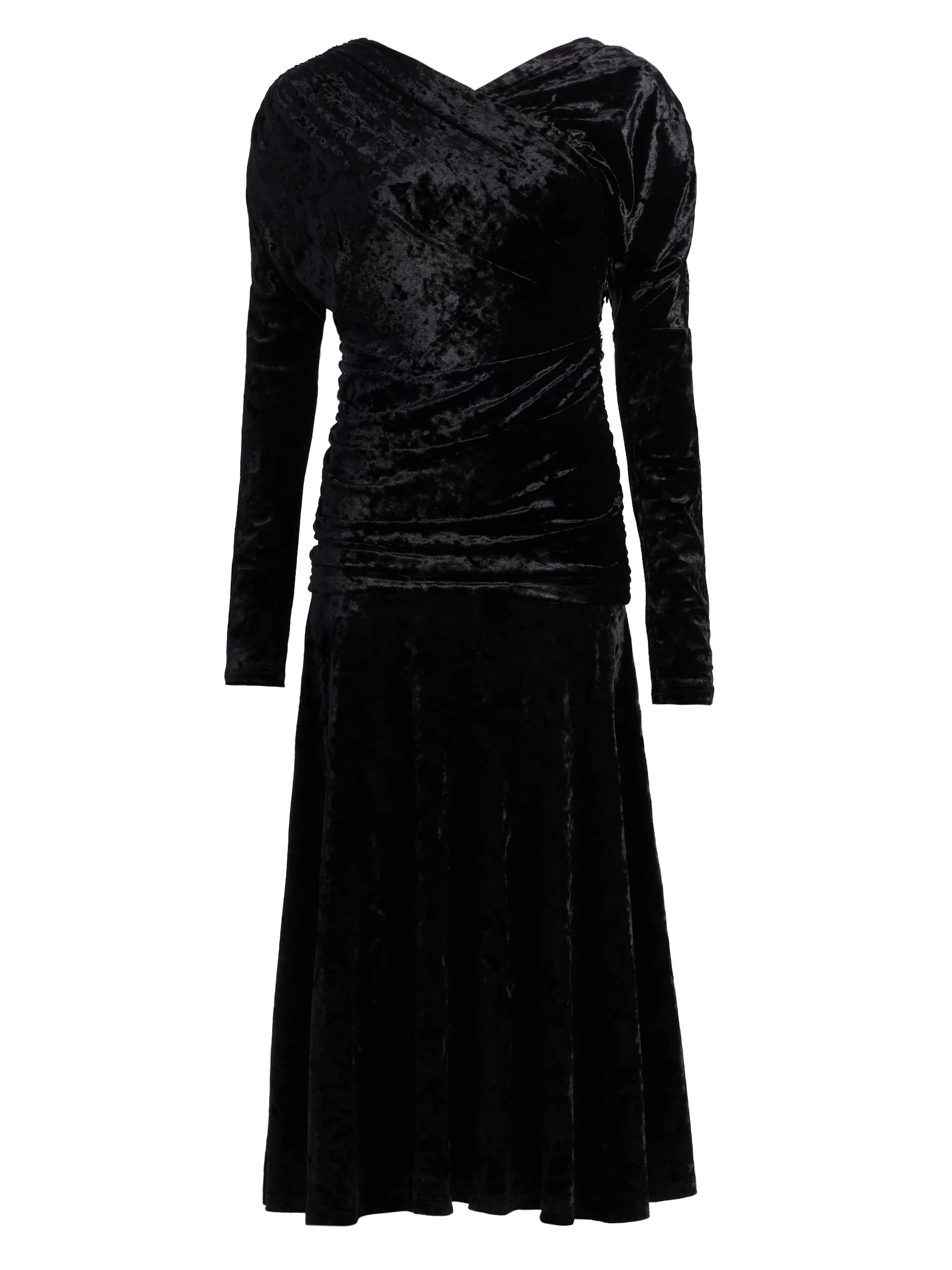 Women's Ruched Velour Jersey A-Line Midi-Dress - Black - 1