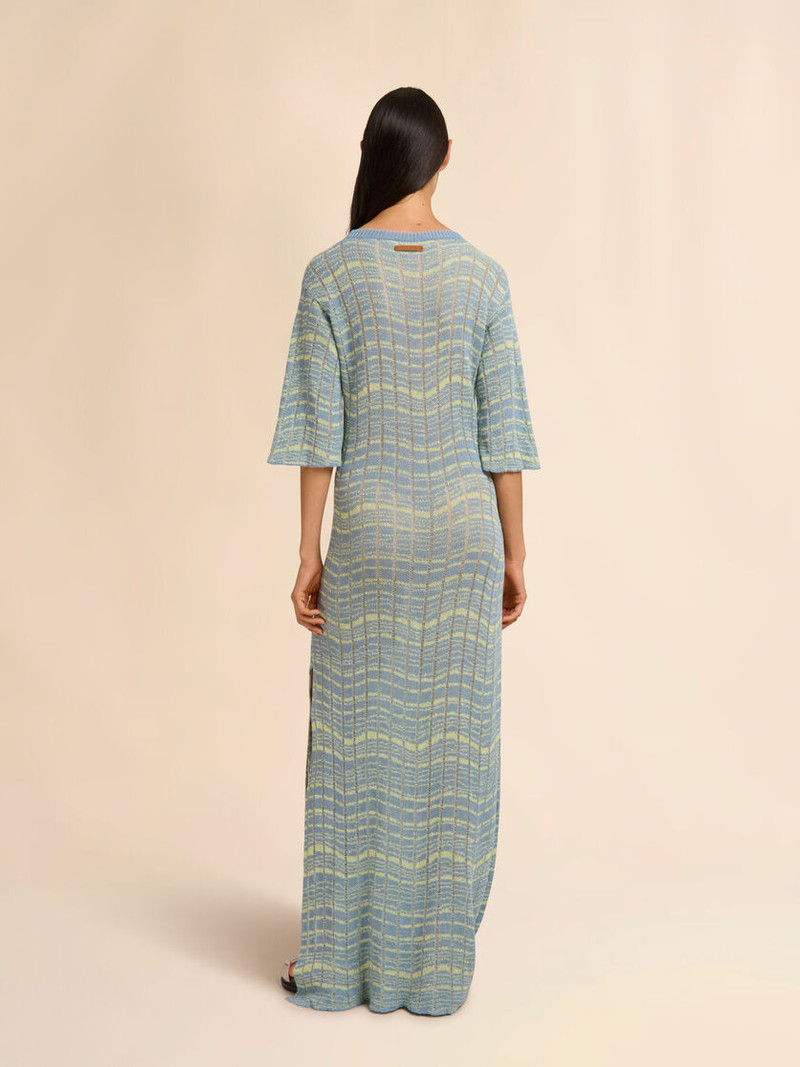 BLUE RIBBED LINEN DRESS WITH WAVY PATTERN 3