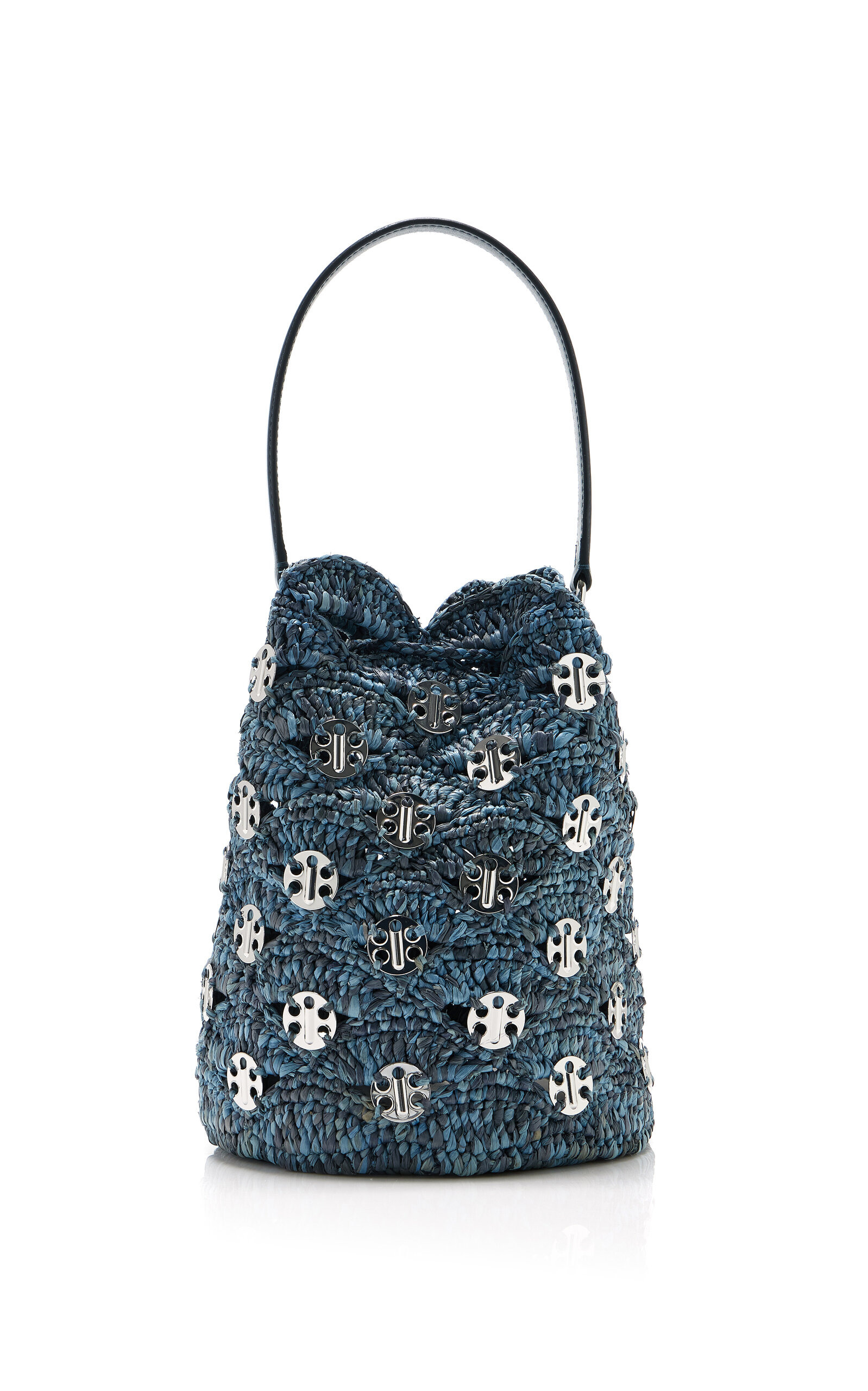 Hardware-Detailed Woven Raffia Bucket Bag blue - 5