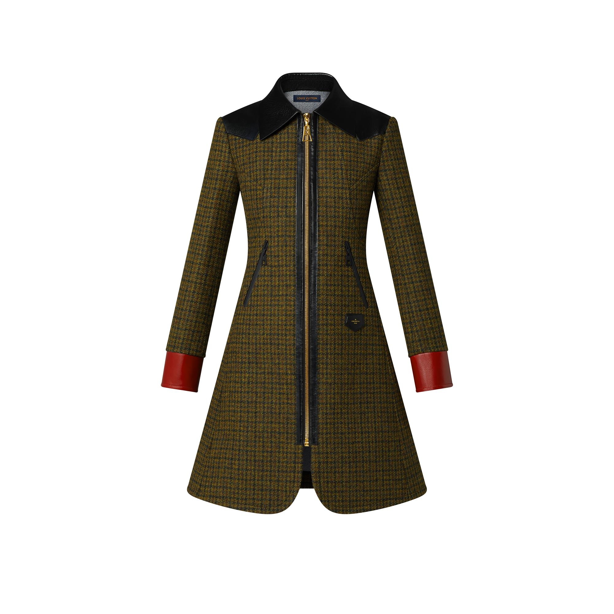 Leather Accent Houndstooth Coat - 1