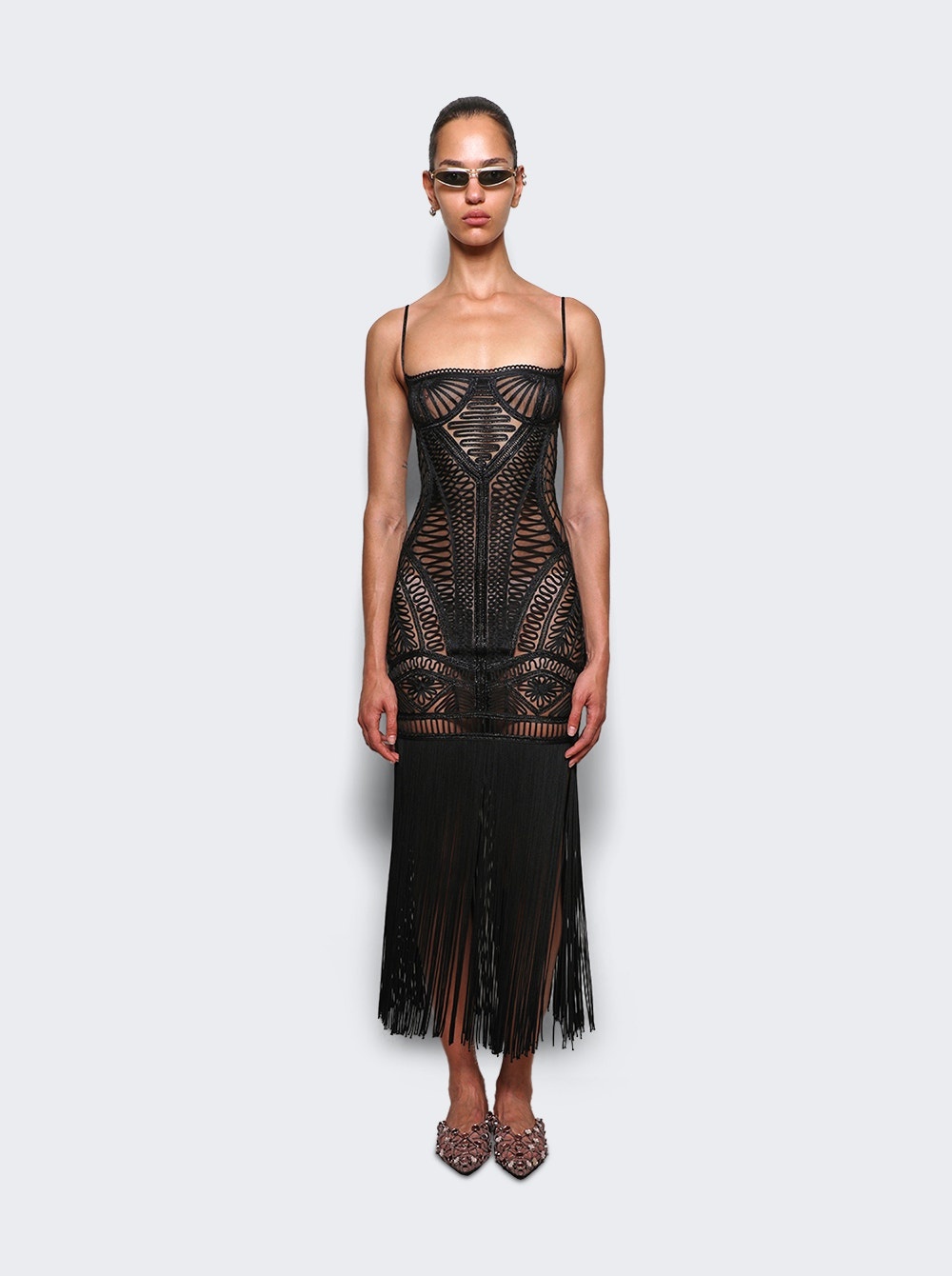 Embroidered Sheer Midi Dress Black - 3
