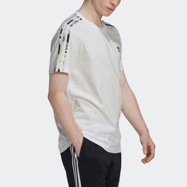 Men's adidas Logo Embroidered Stripe Round Neck Sports Short Sleeve White T-Shirt HK2798 - 4