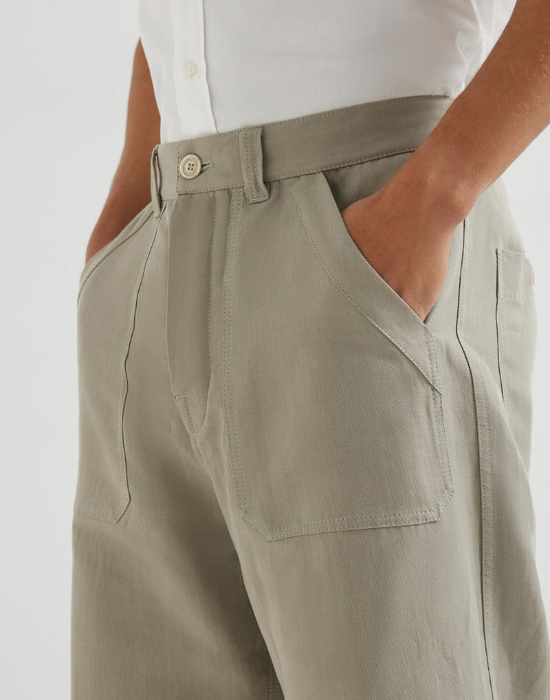 Linen and cotton drill trousers with patch pockets and drawstring 4