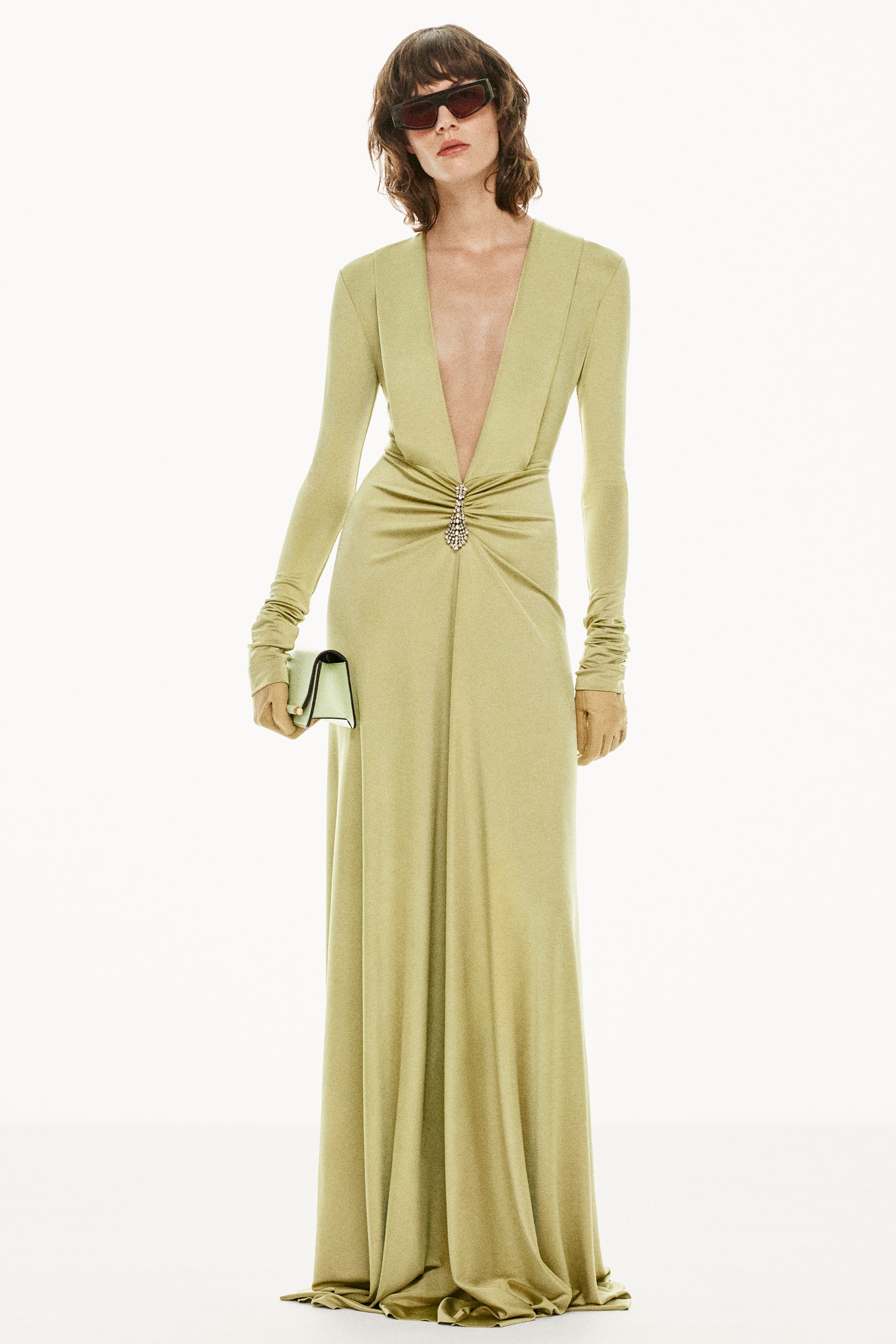 Embellished Long Sleeve Deep V-Neck Gown In Pistachio - 3