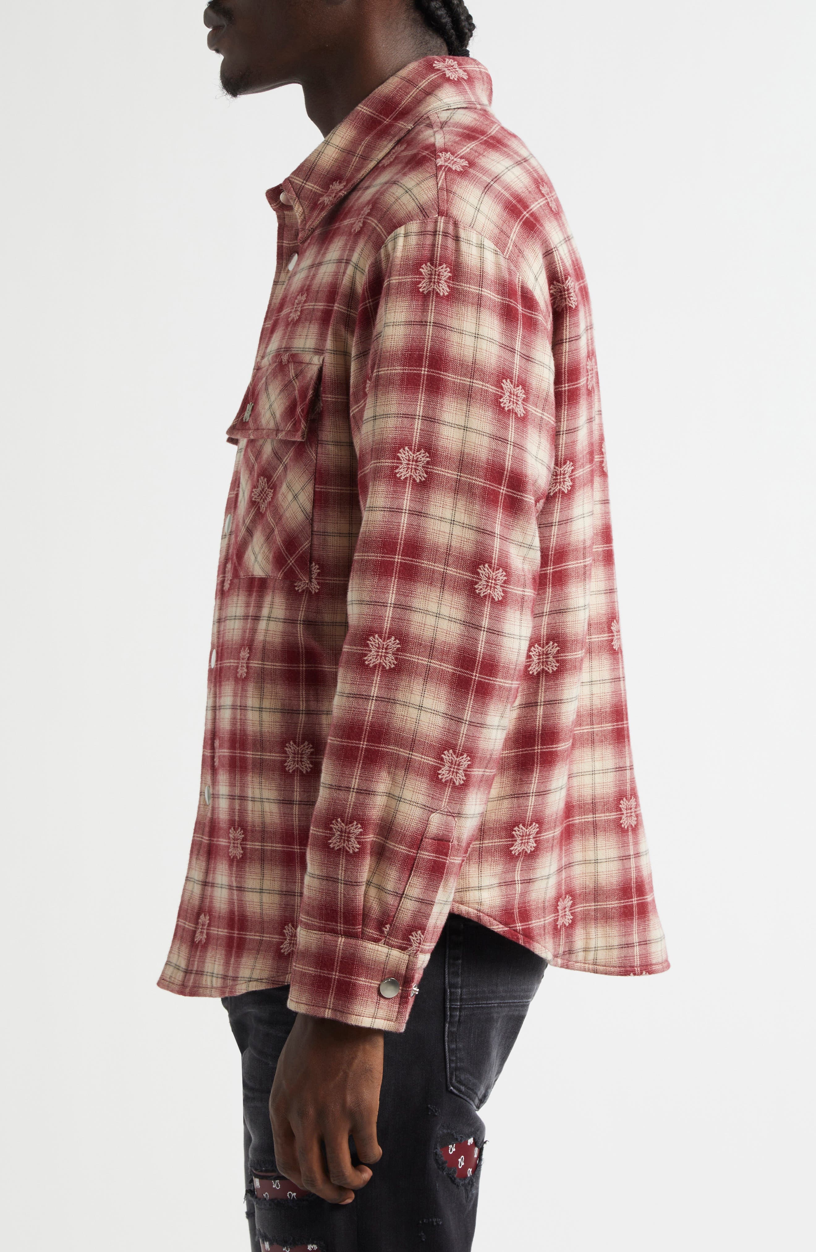 AMIRI Plaid Fleece Lined Cotton Flannel Snap-Up Overshirt in Deep Red at Nordstrom - 4