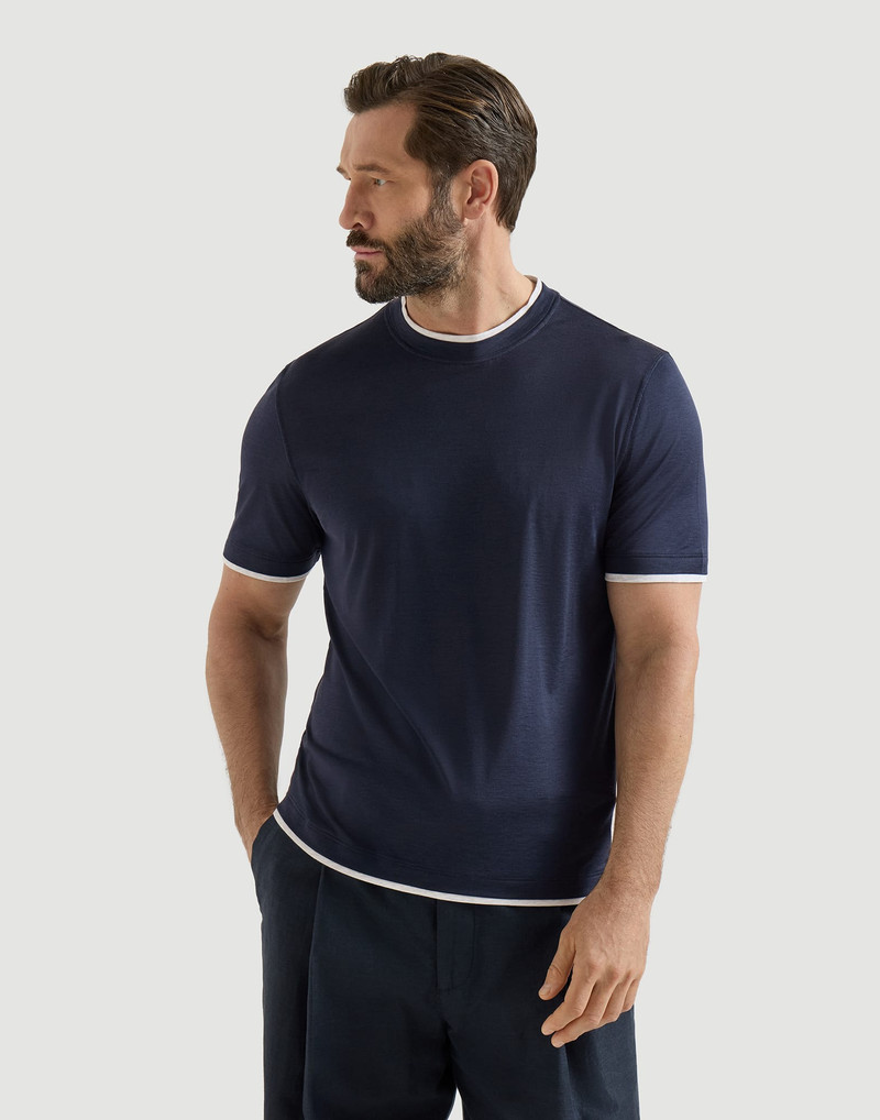 Silk and cotton jersey crew neck T-shirt with faux-layering 2