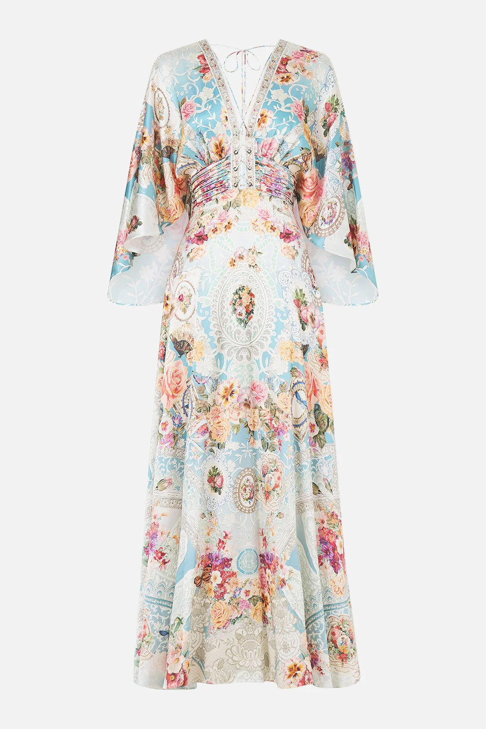V NECK LACE UP DETAIL LONG DRESS - 1