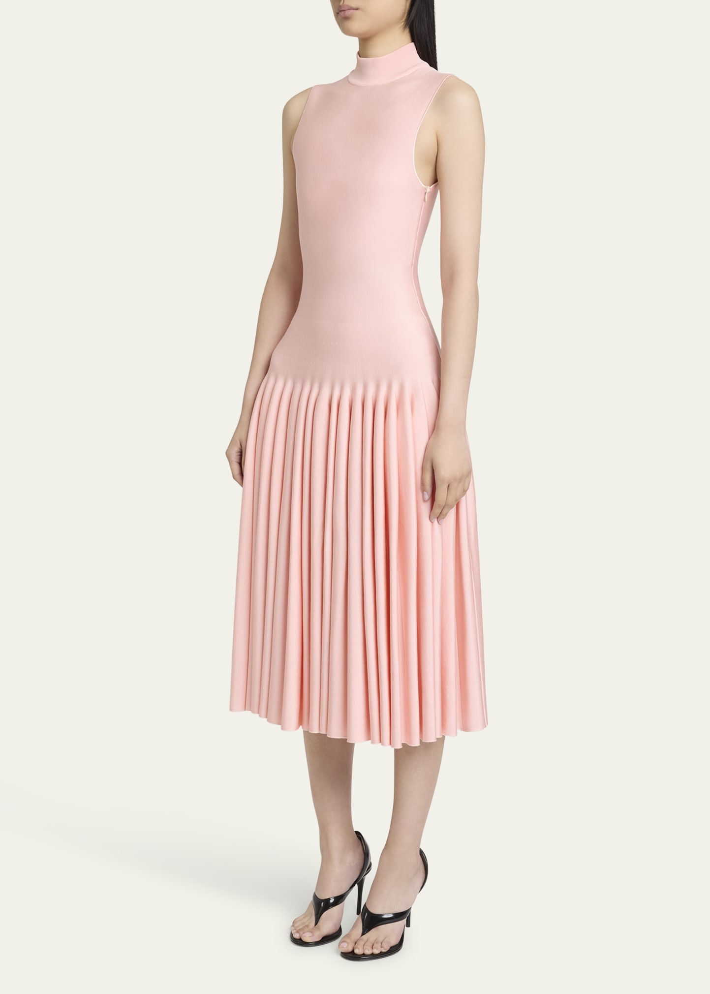 High-Neck Pleated Knit Midi Dress - 4