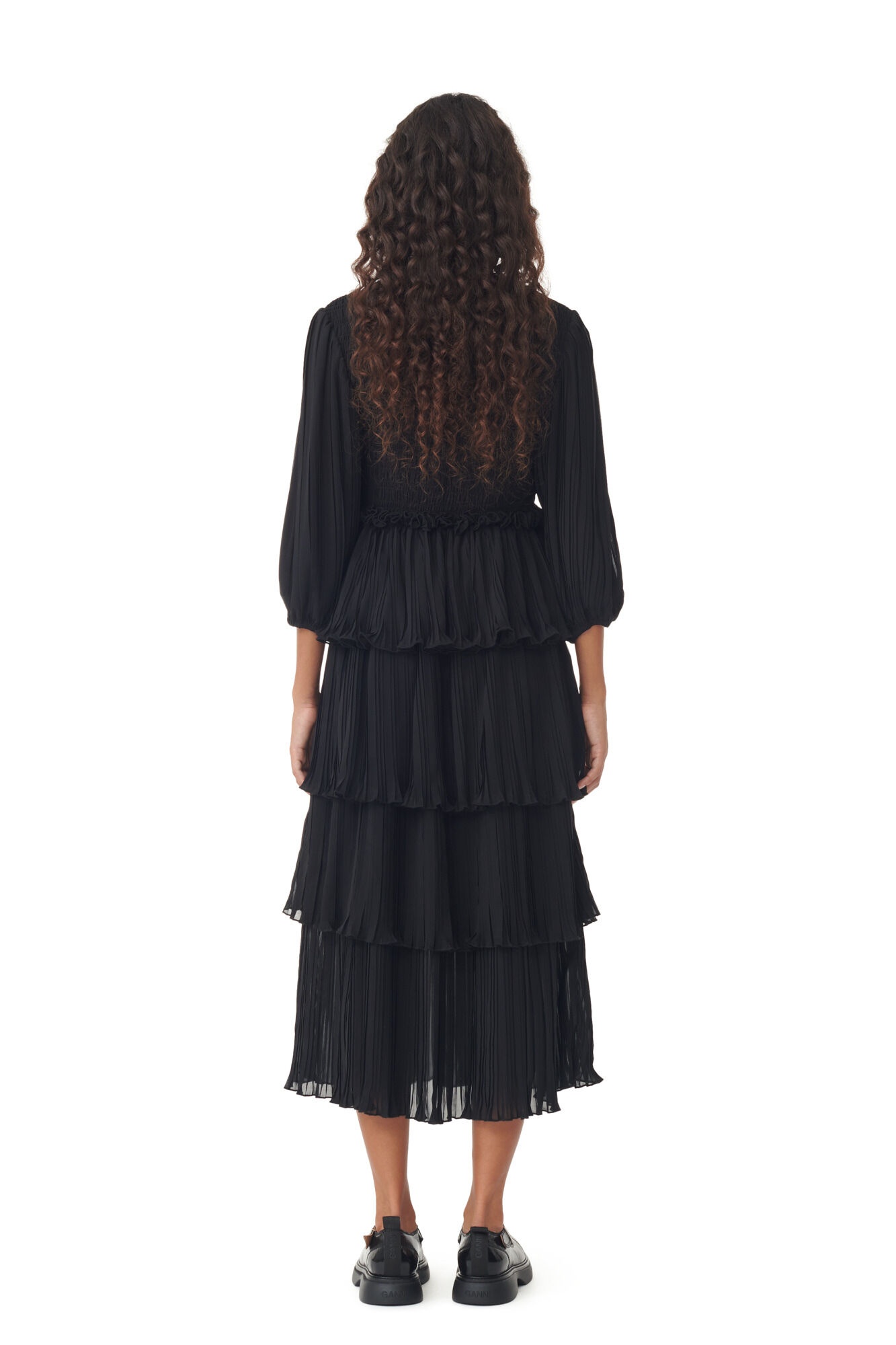 BLACK PLEATED GEORGETTE FLOUNCE SMOCK MIDI DRESS - 2