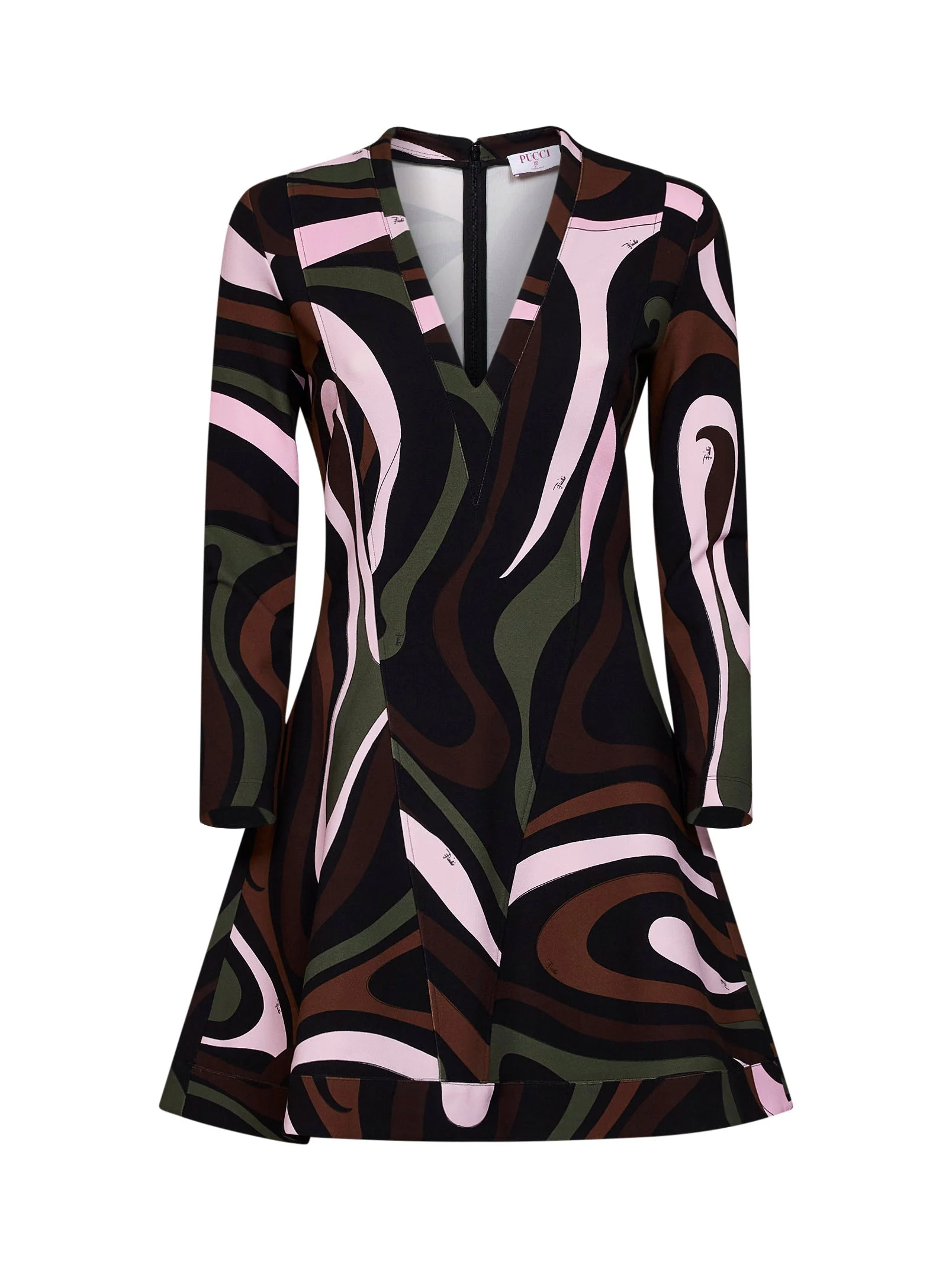 Khaki and pink Marmo-print compact jersey mini dress - 1