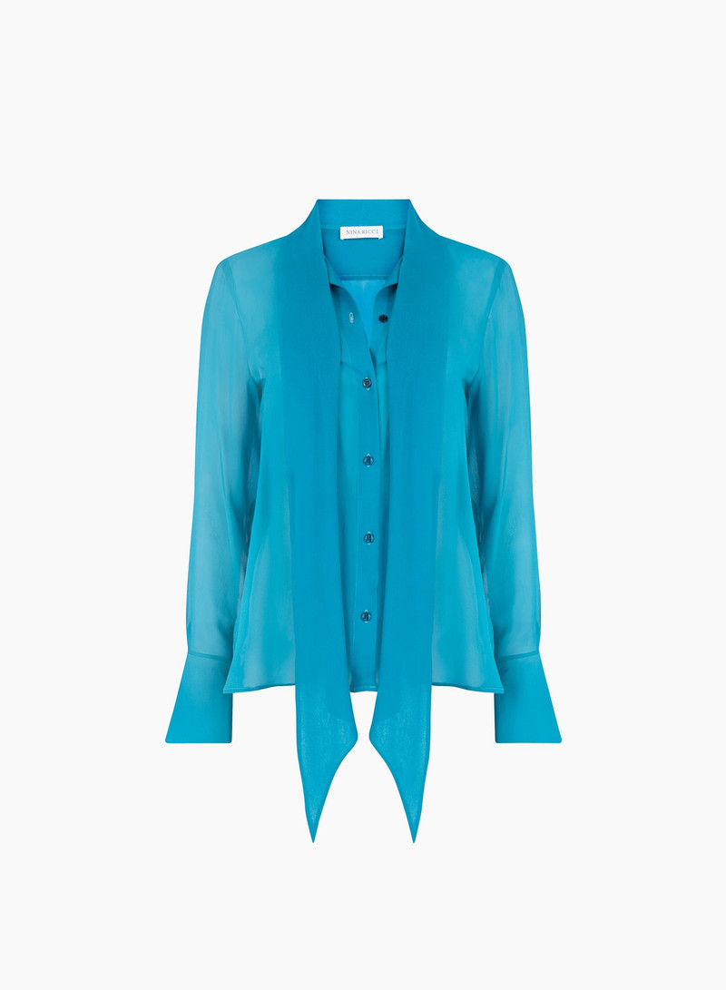 Blue Lavalliere Satin Shirt - 1