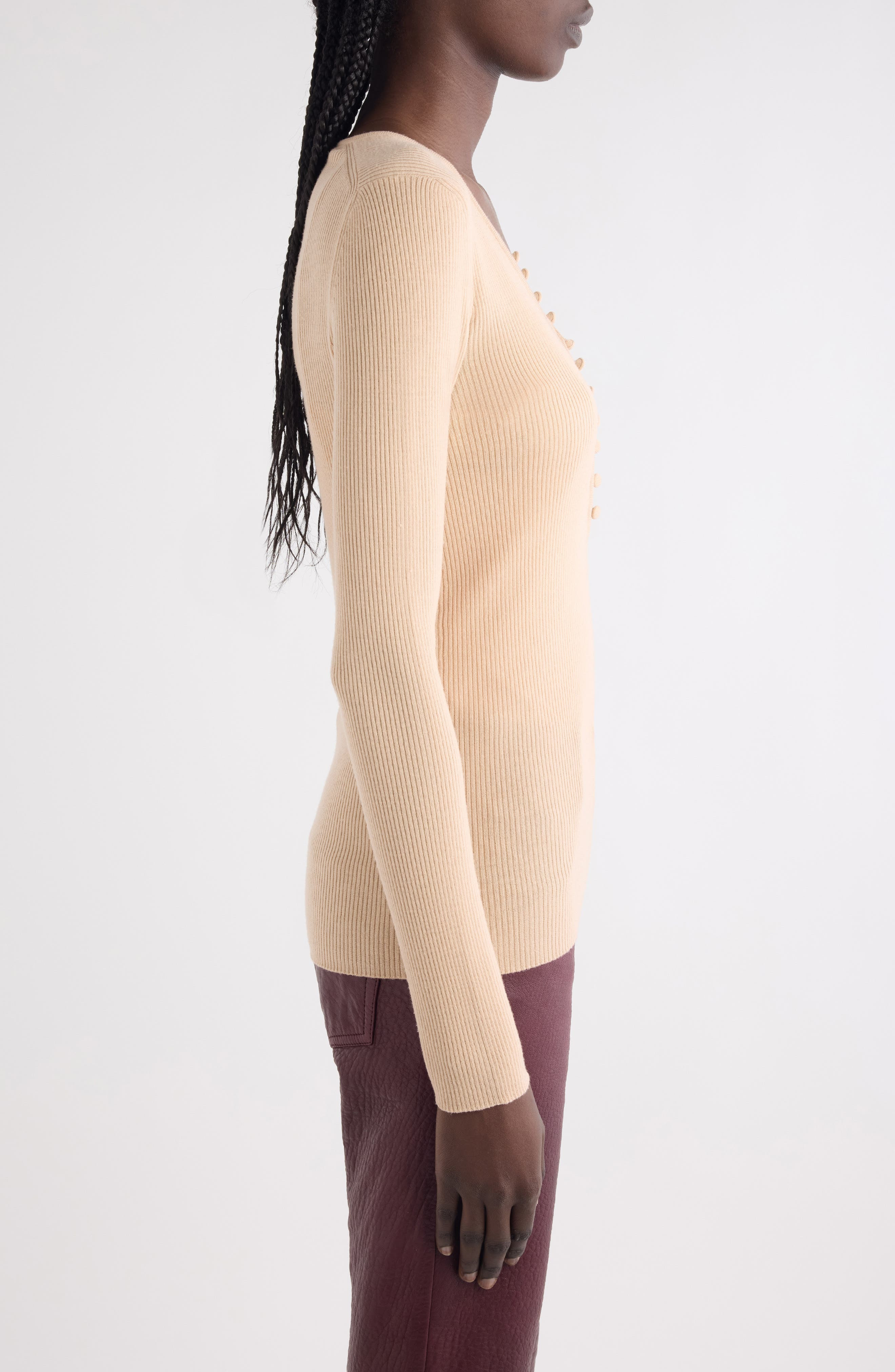 Chloé Fitted Wool Rib Henley Sweater in 6I6 Honey Pink at Nordstrom - 4