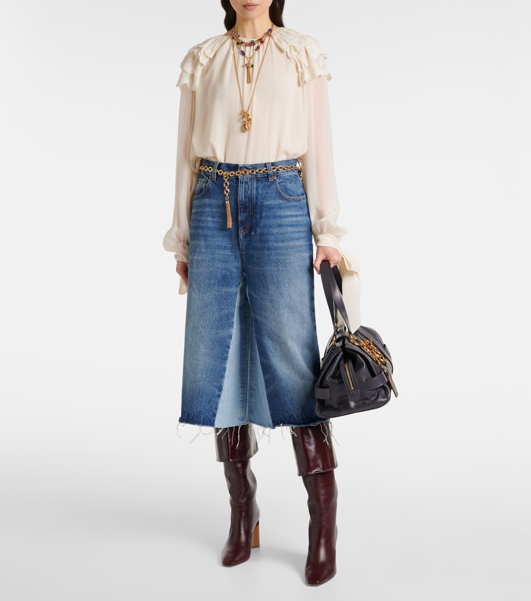 Patchwork high-rise denim culottes - 2