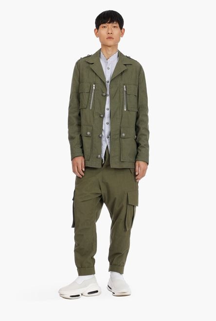 Khaki cotton jacket with embossed Balmain logo - 2