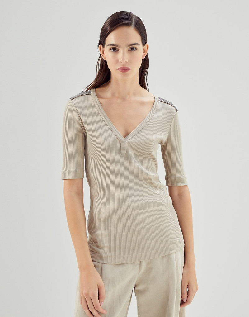 Cotton ribbed jersey T-shirt with shiny shoulders - 1