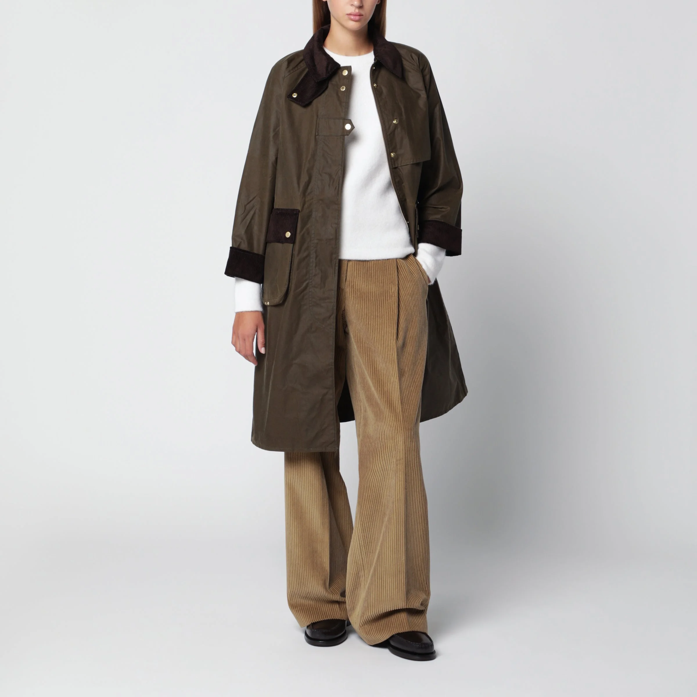 Long waxed cotton jacket, Olive Green - 1
