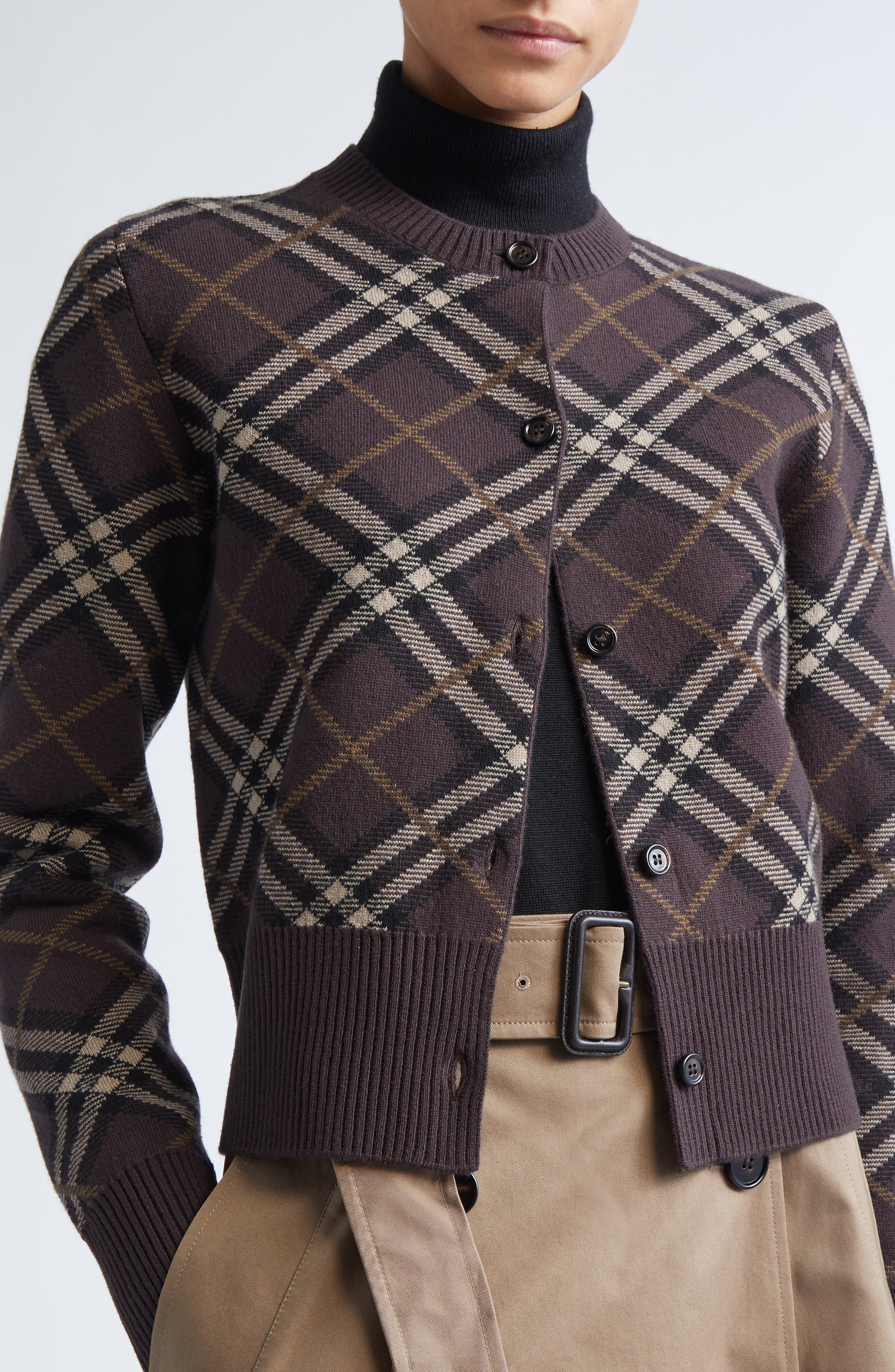 burberry Georgette Check Wool & Cashmere Blend Cardigan in Truffle Ip Check at Nordstrom - 5