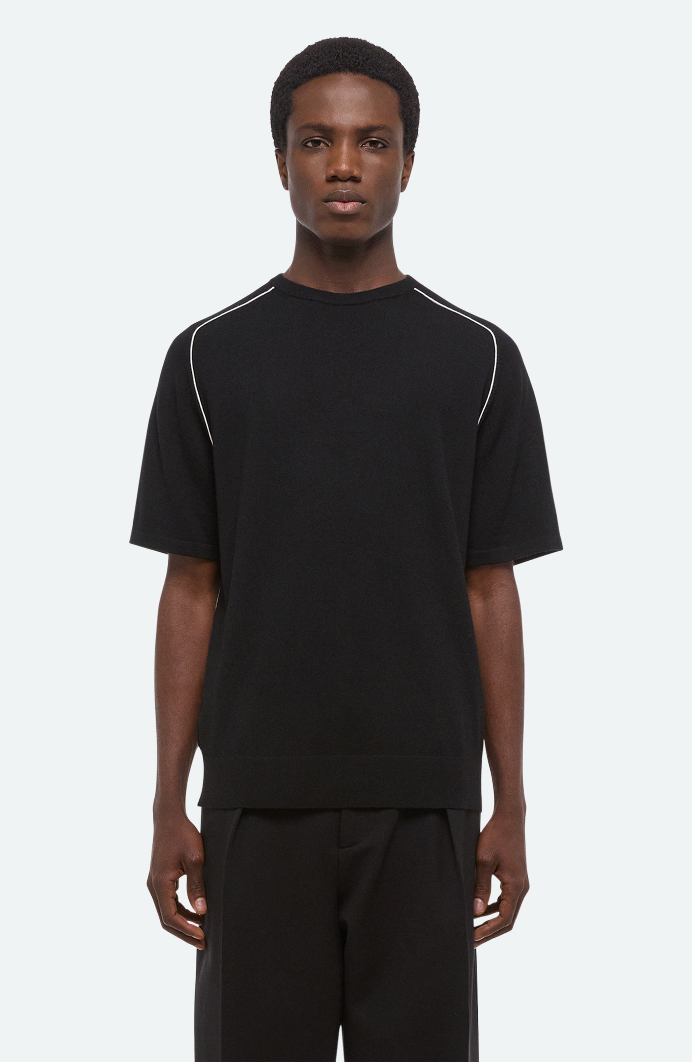 Helmut Lang Contrast Piping Wool T-Shirt in Black/Ivory - 7