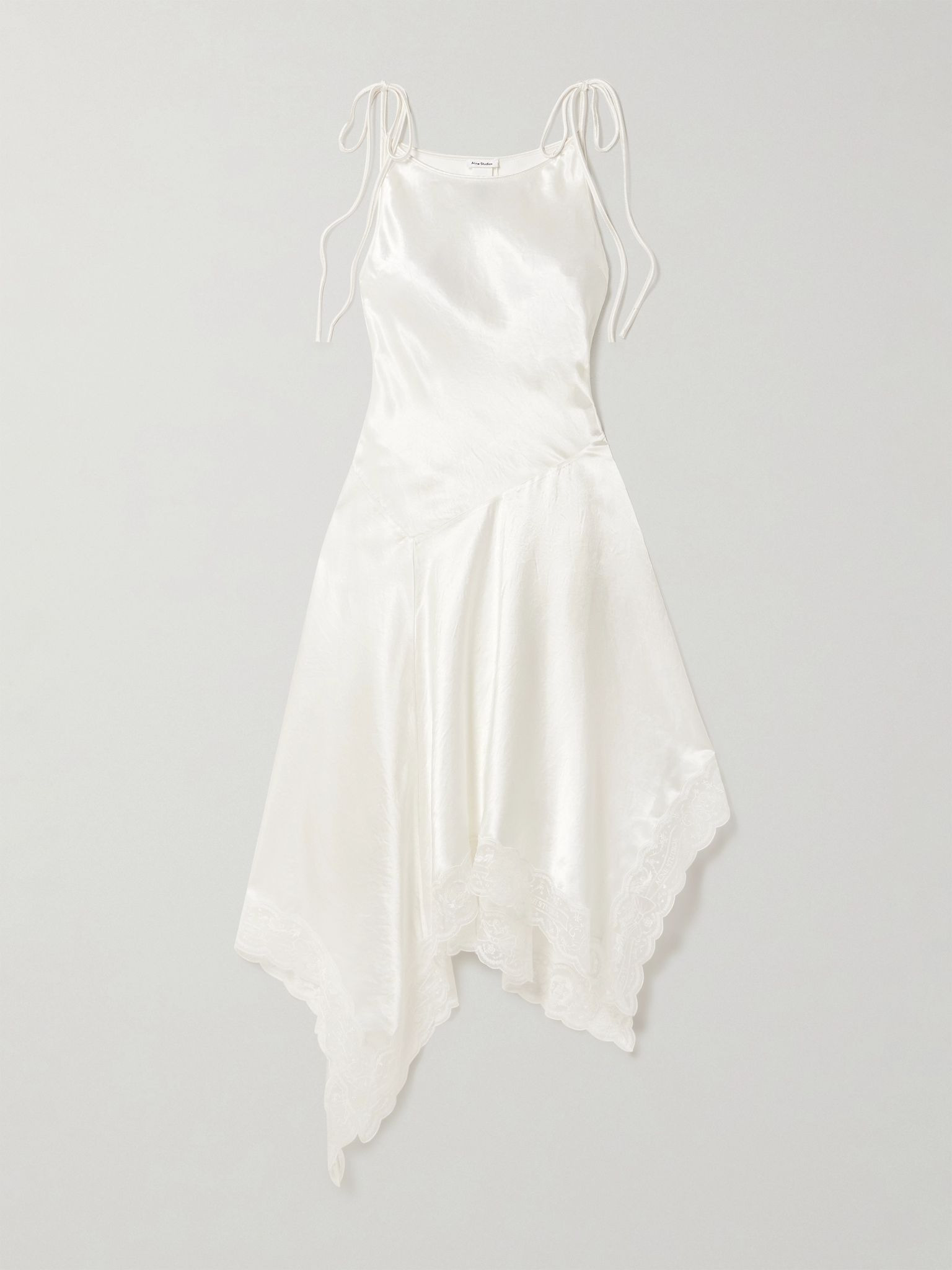 Doyla belted asymmetric scalloped lace-trimmed hammered-satin midi dress White - 1