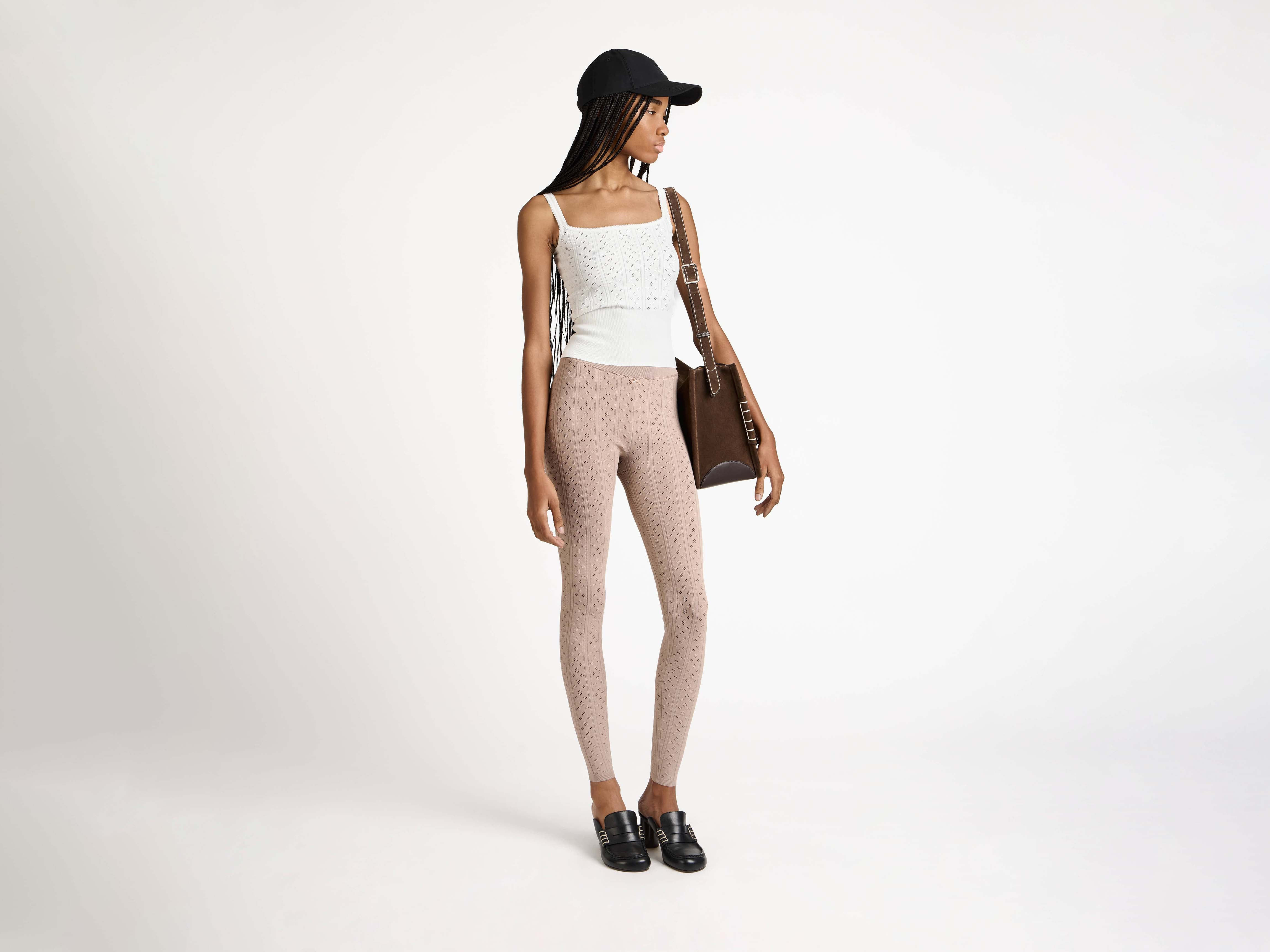 KNITTED POINTELLE LEGGINGS IN TAUPE - 2