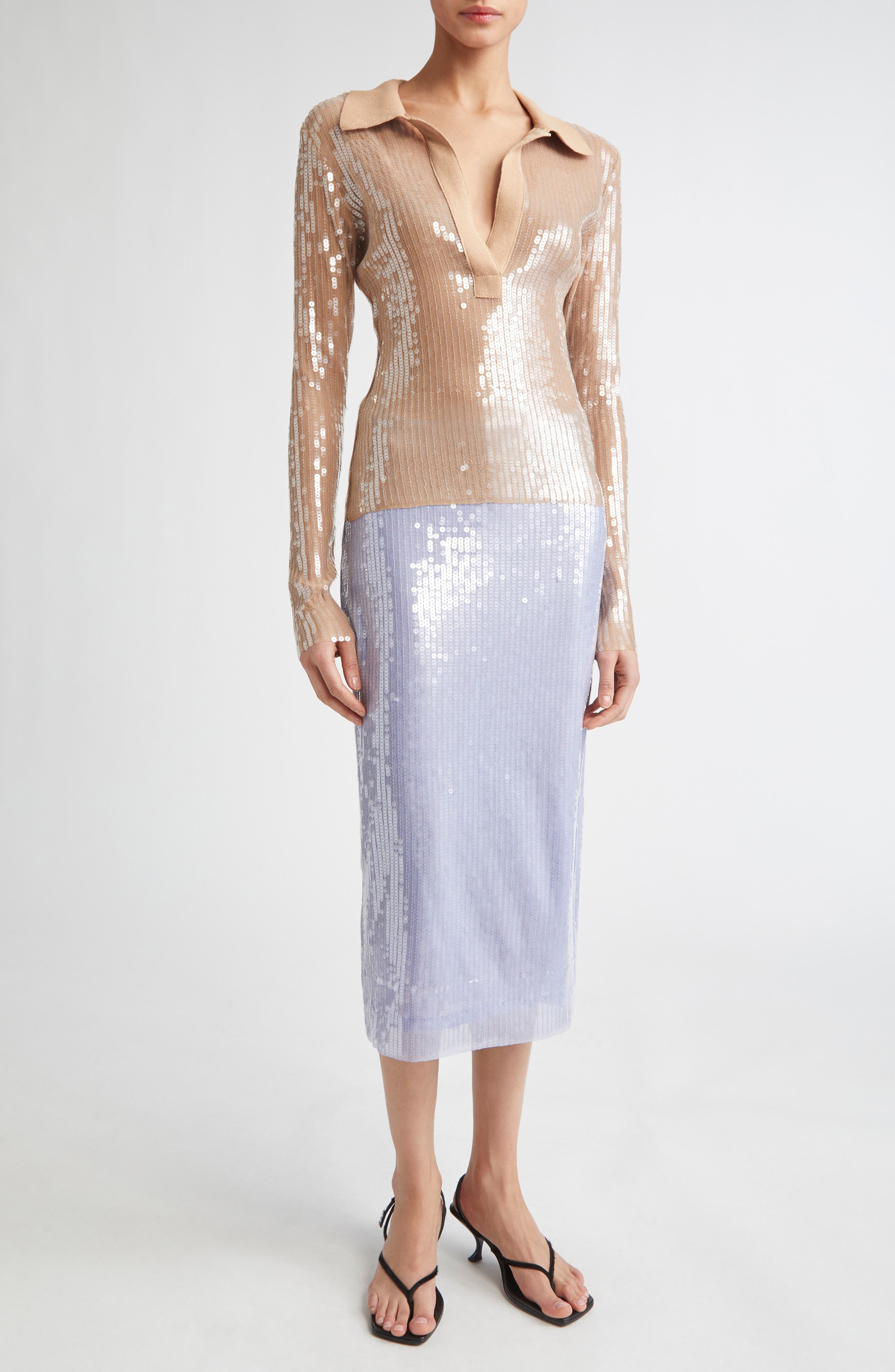 MONSE Long Sleeve Sequin Mesh Polo in Beige at Nordstrom - 2
