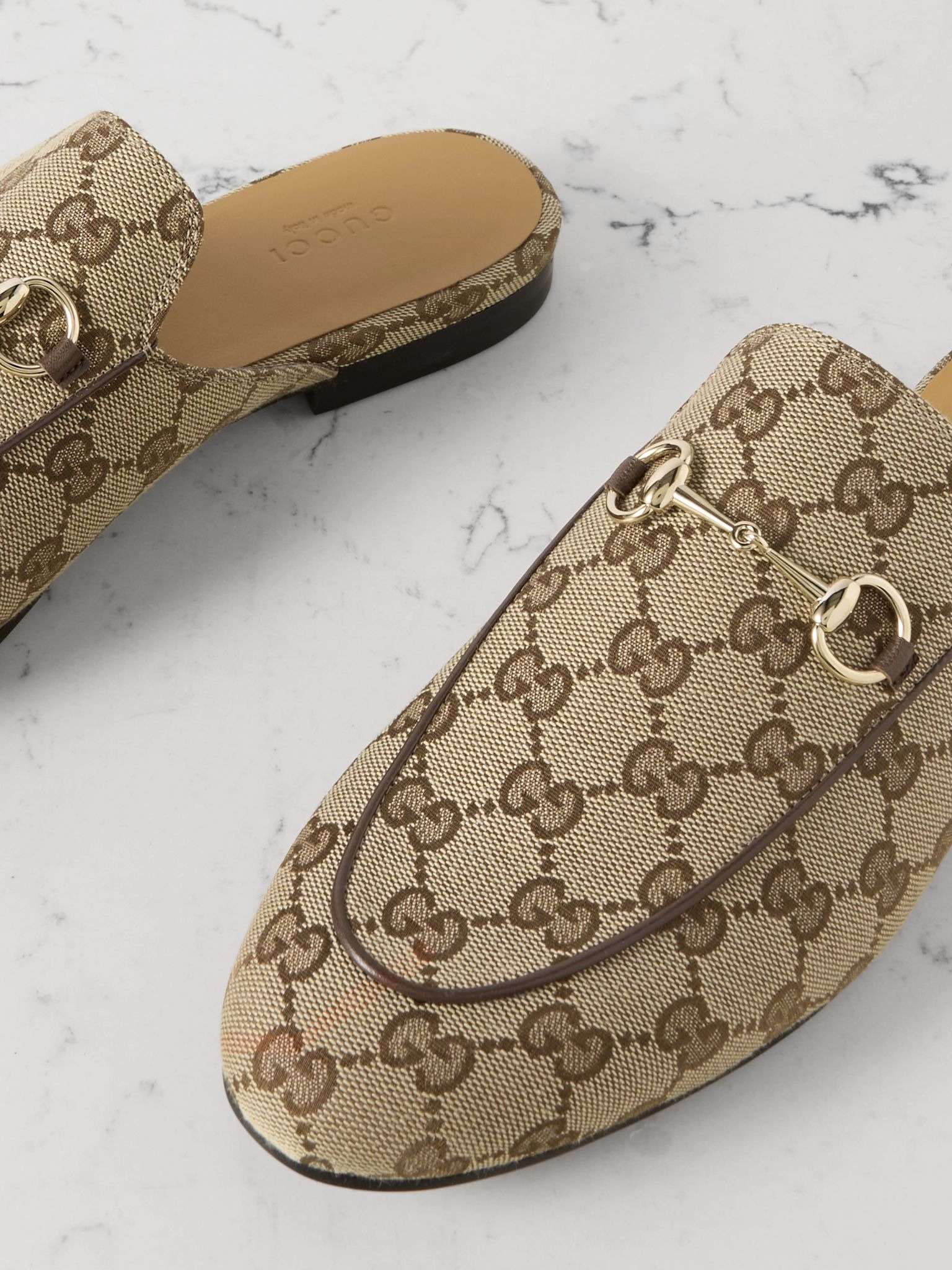 Princetown horsebit-detailed leather-trimmed canvas-jacquard slippers Beige - 4