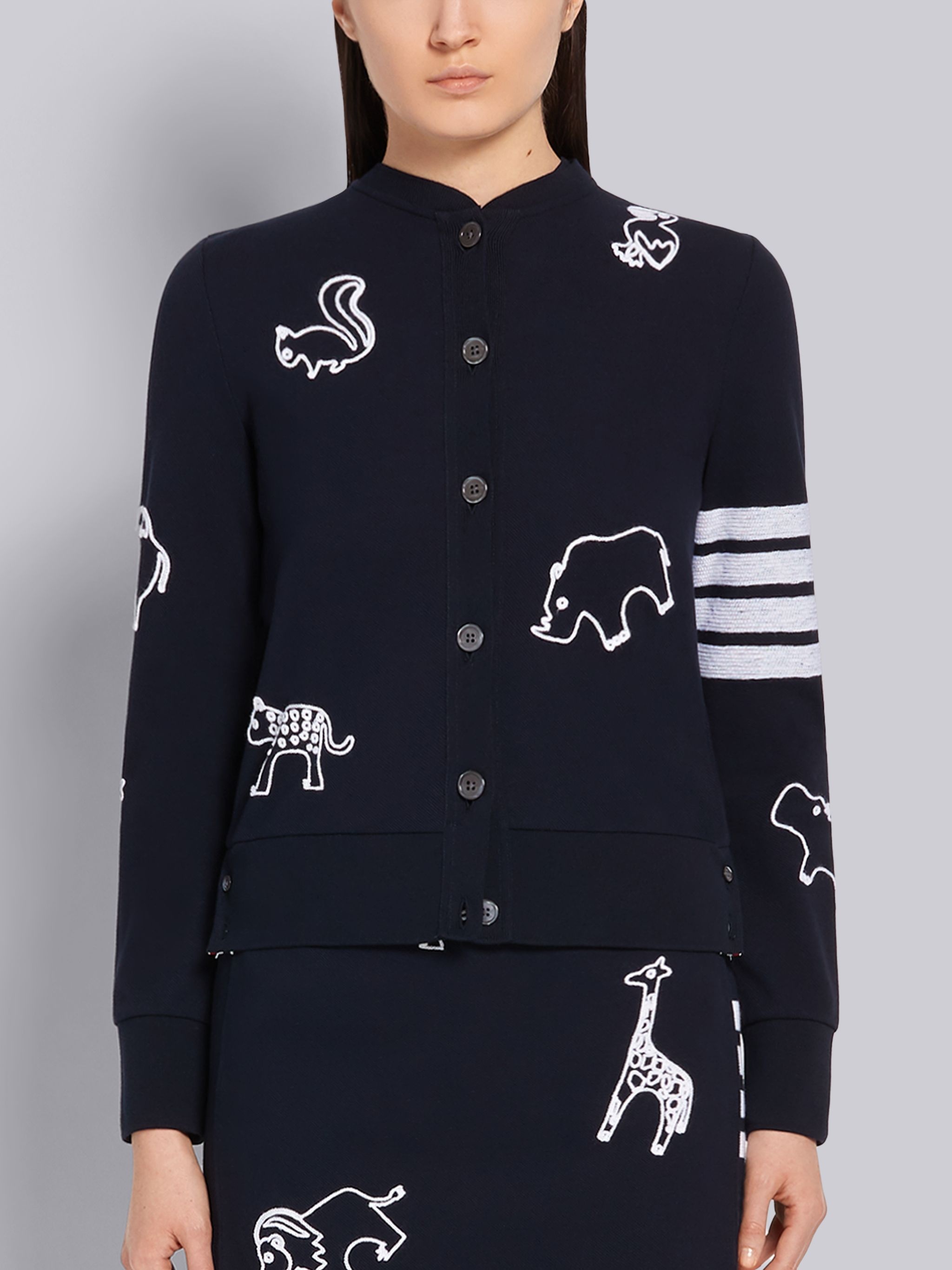 Navy Classic Cotton Pique Animal Icon Embroidery Crewneck 4-Bar Cardigan - 1