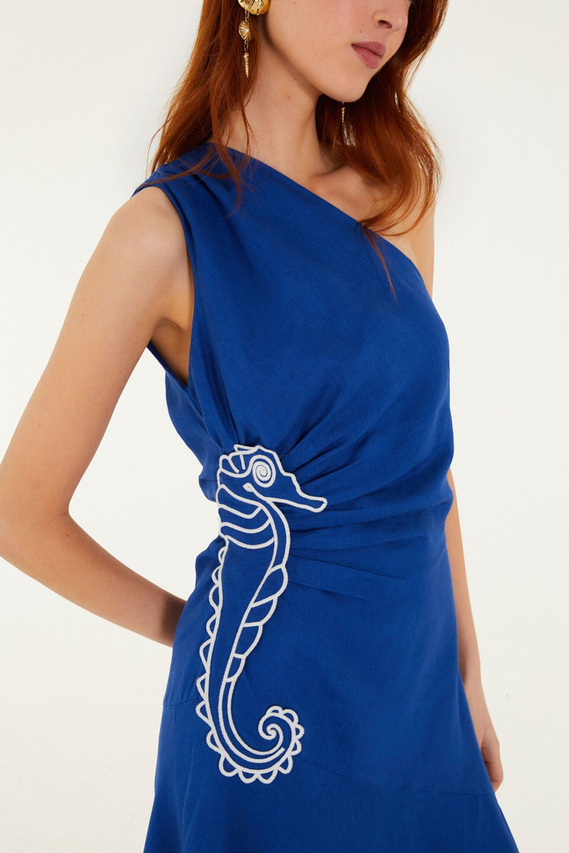 FARM RIO Blue Seahorse Embroidery One-Shoulder Euroflax Premium Linen Maxi Dress outlook