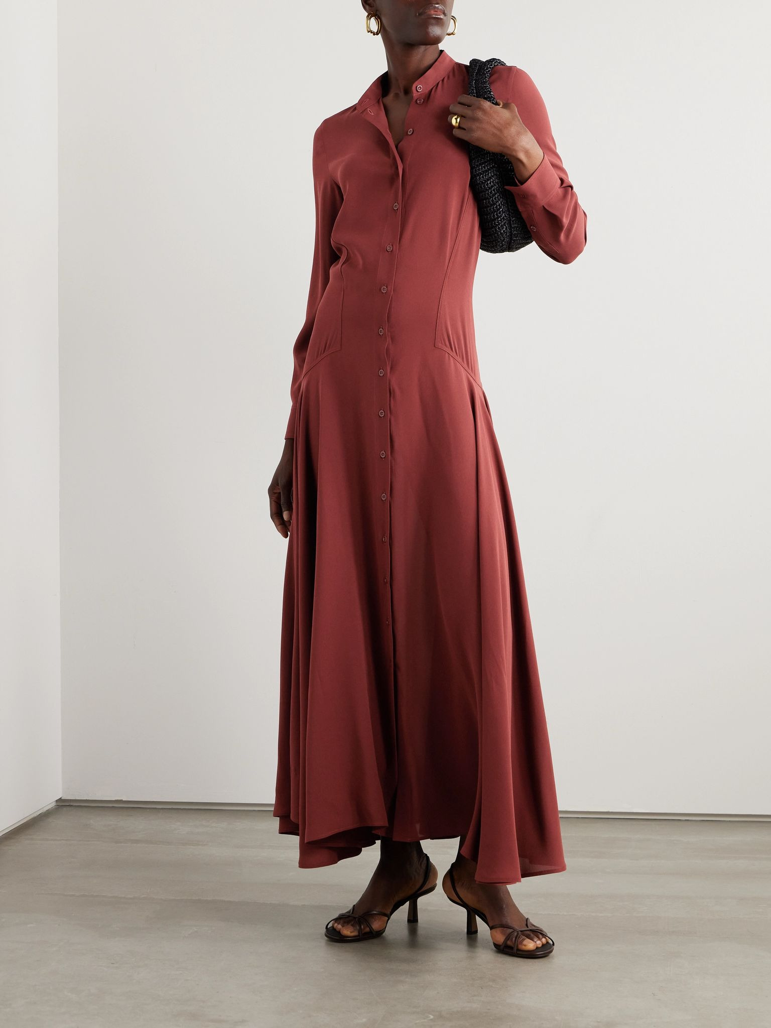Asymmetric gathered silk-crepe maxi shirt dress Red - 2