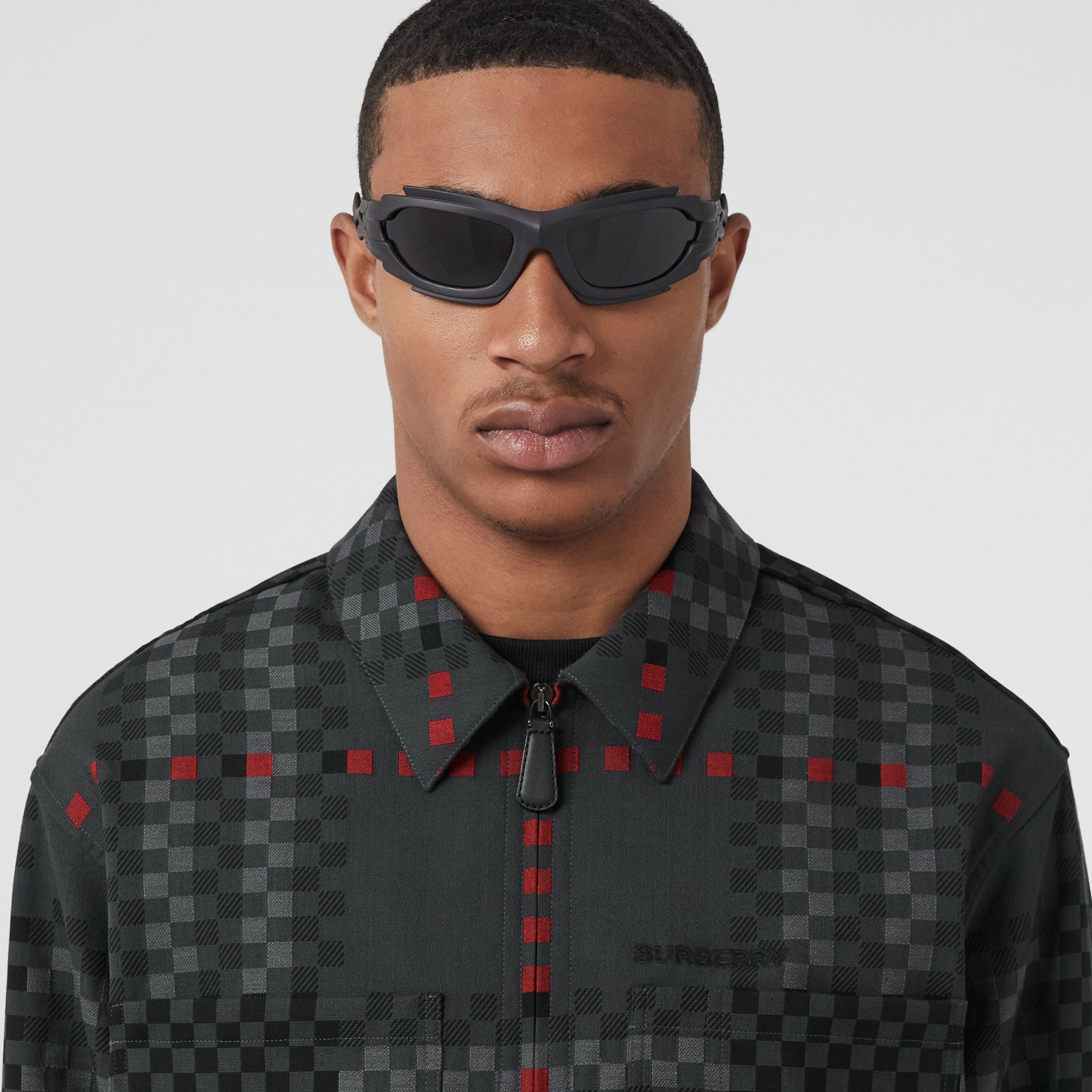 Pixel Check Wool Cotton Blend Zip-front Shirt - 4
