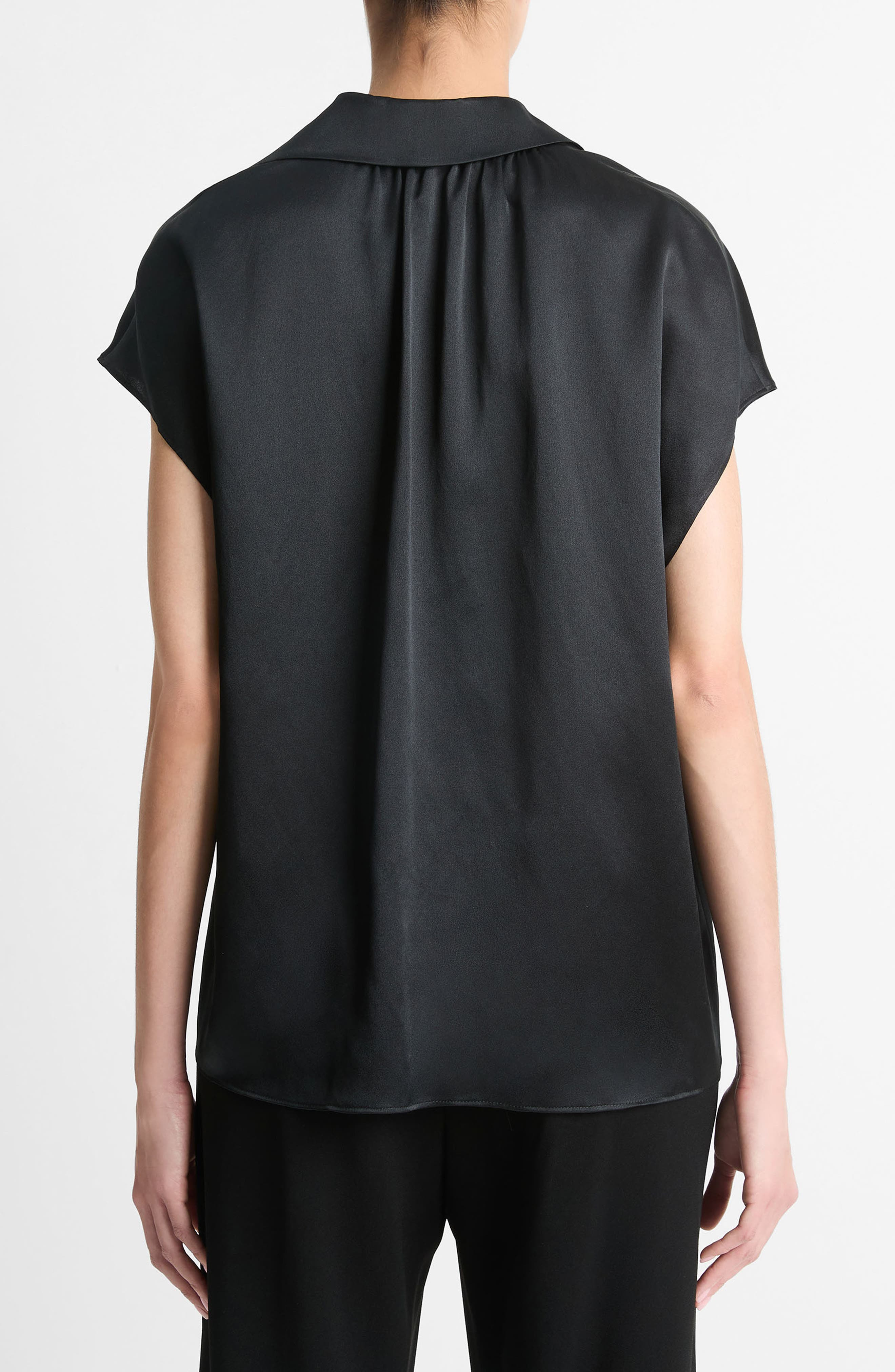 Vince Cap Sleeve Gathered Back Short Sleeve Silk Button-Up Shirt in Black at Nordstrom - 2
