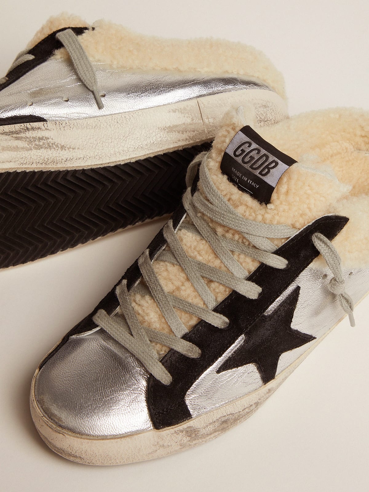 Super-Star Sabots in silver laminated leather with black suede star - 3