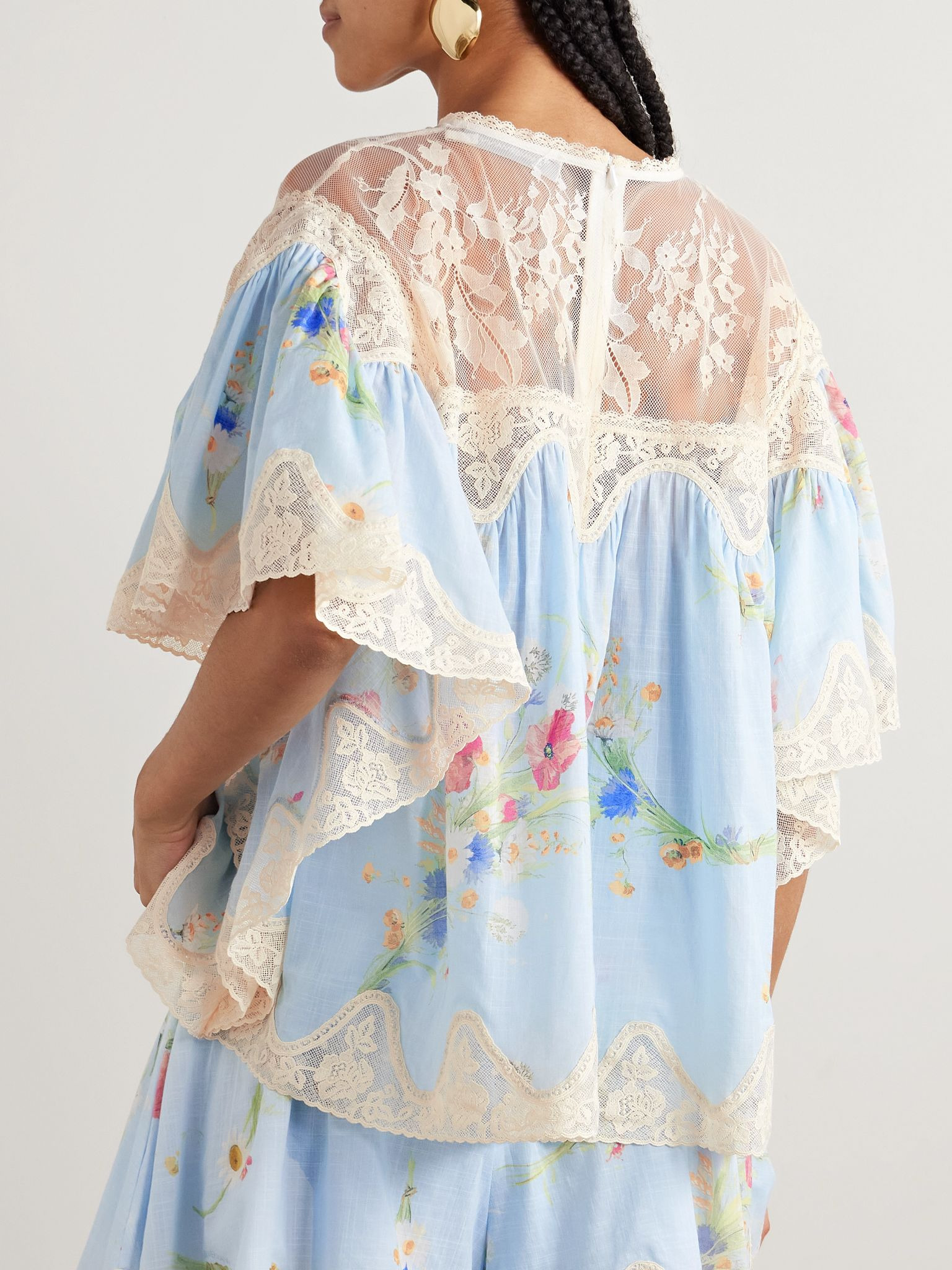 Lucky lace-trimmed floral-print cotton-voile blouse Blue - 4