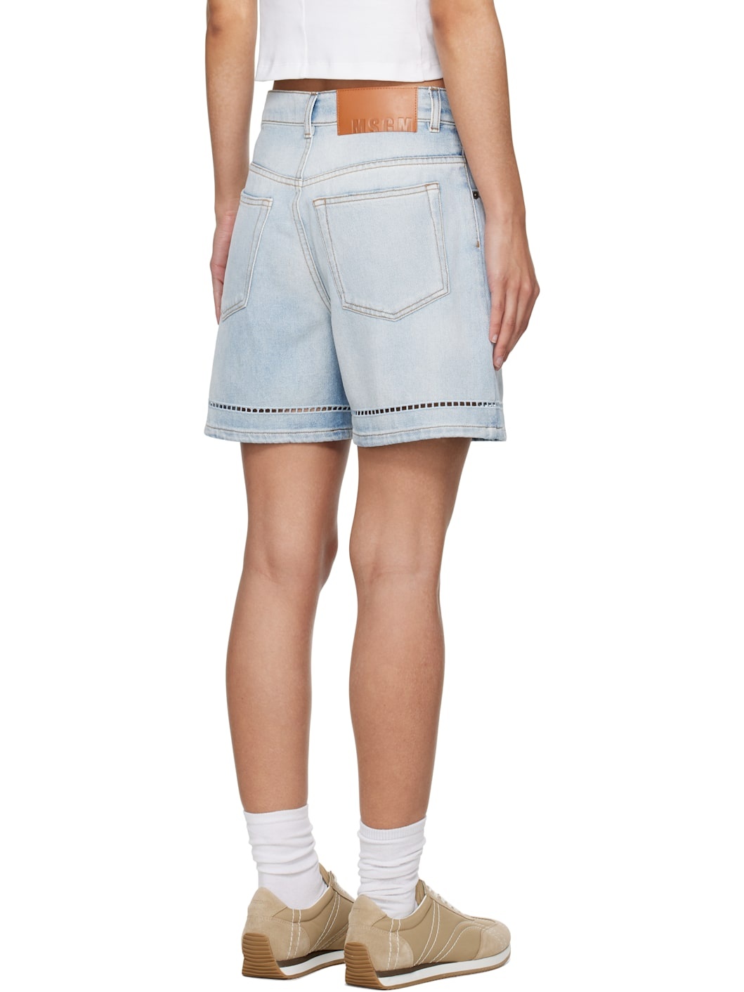 Blue Perforated Light Washed Denim Shorts - 3